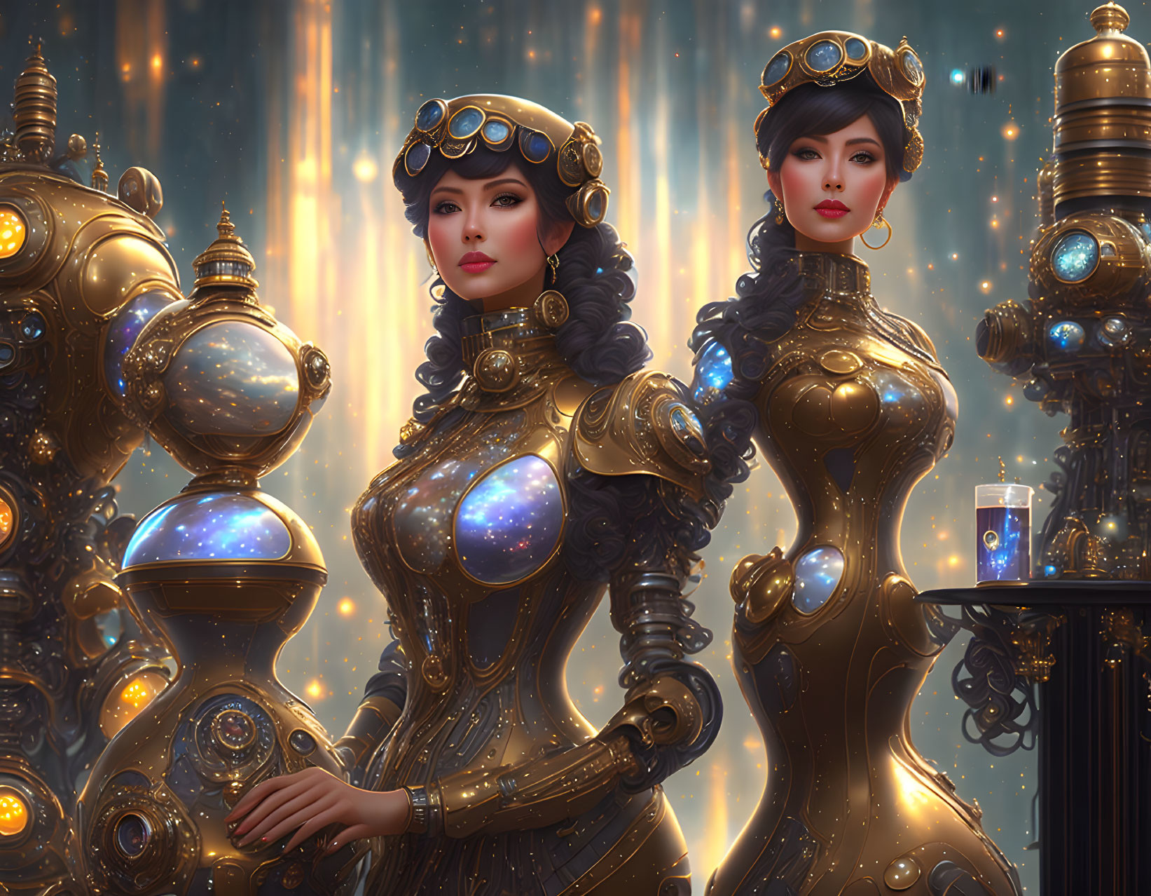 Steampunk-style female figures in golden attire with mechanical features and gear-driven machines.