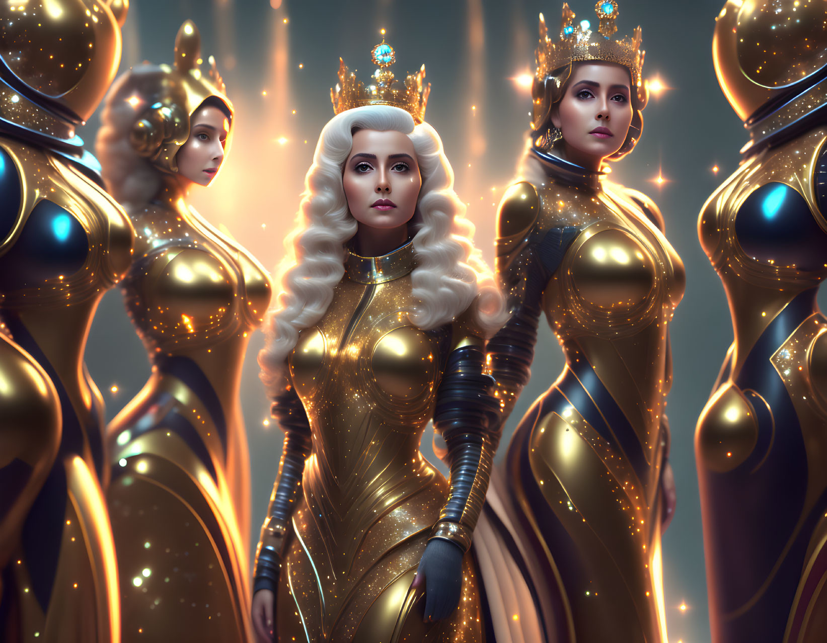 Stylized female figures in golden armor and regal crowns on blue backdrop