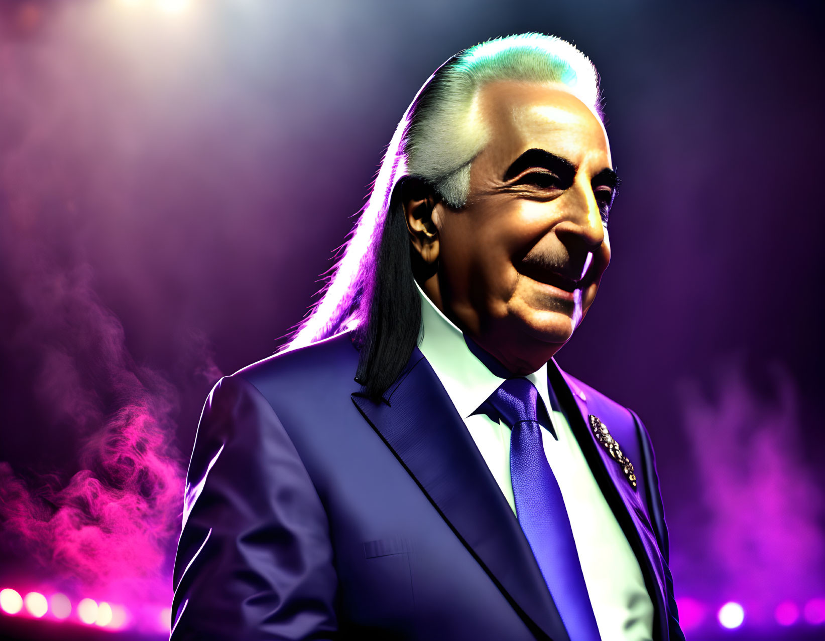 Stylized 3D character in blue suit with gray hair on vibrant background