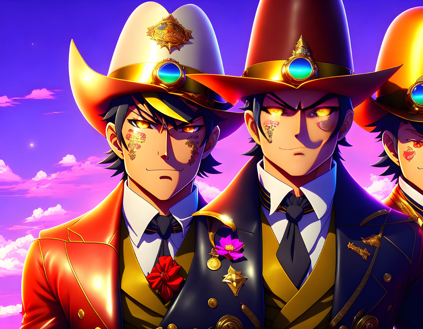 Three flamboyant cowboy characters against vibrant sunset sky