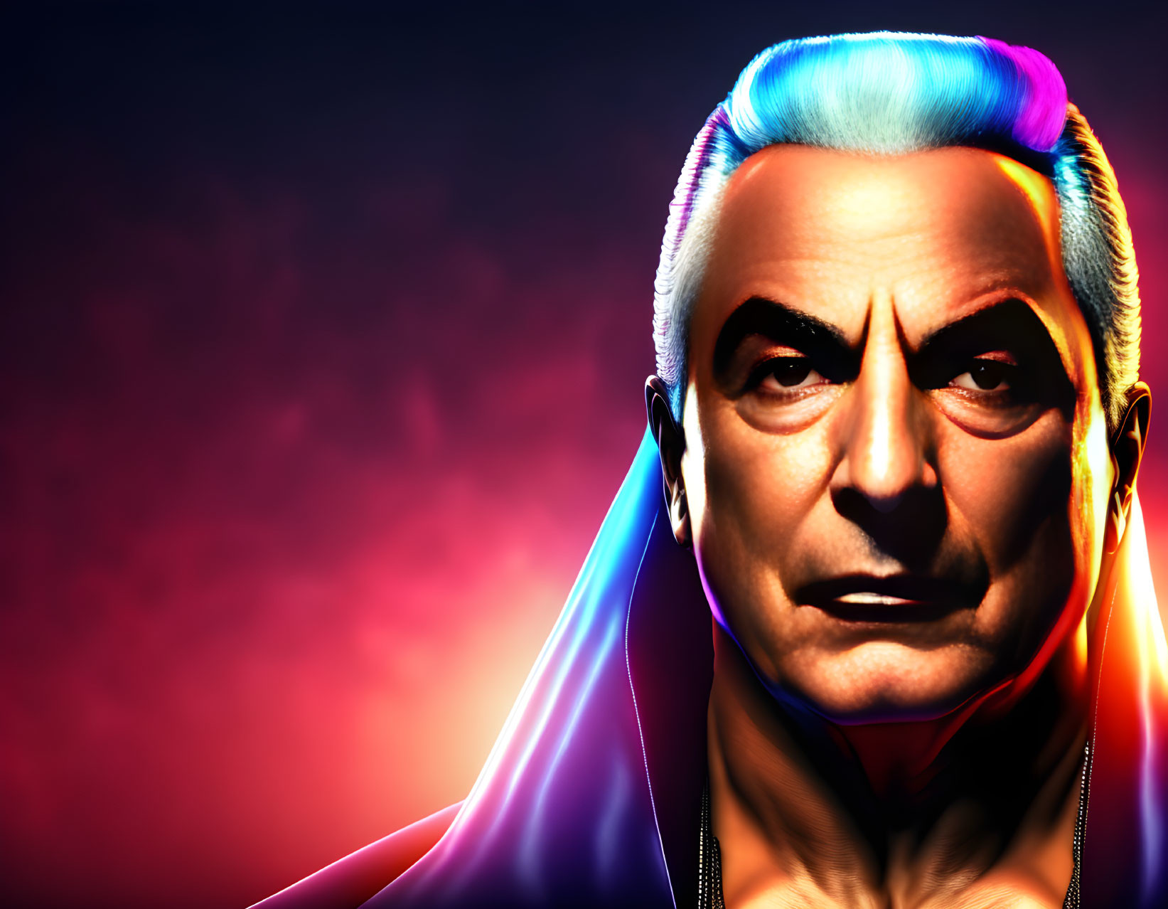 Stylized image of older man with blue hairstyle on red background