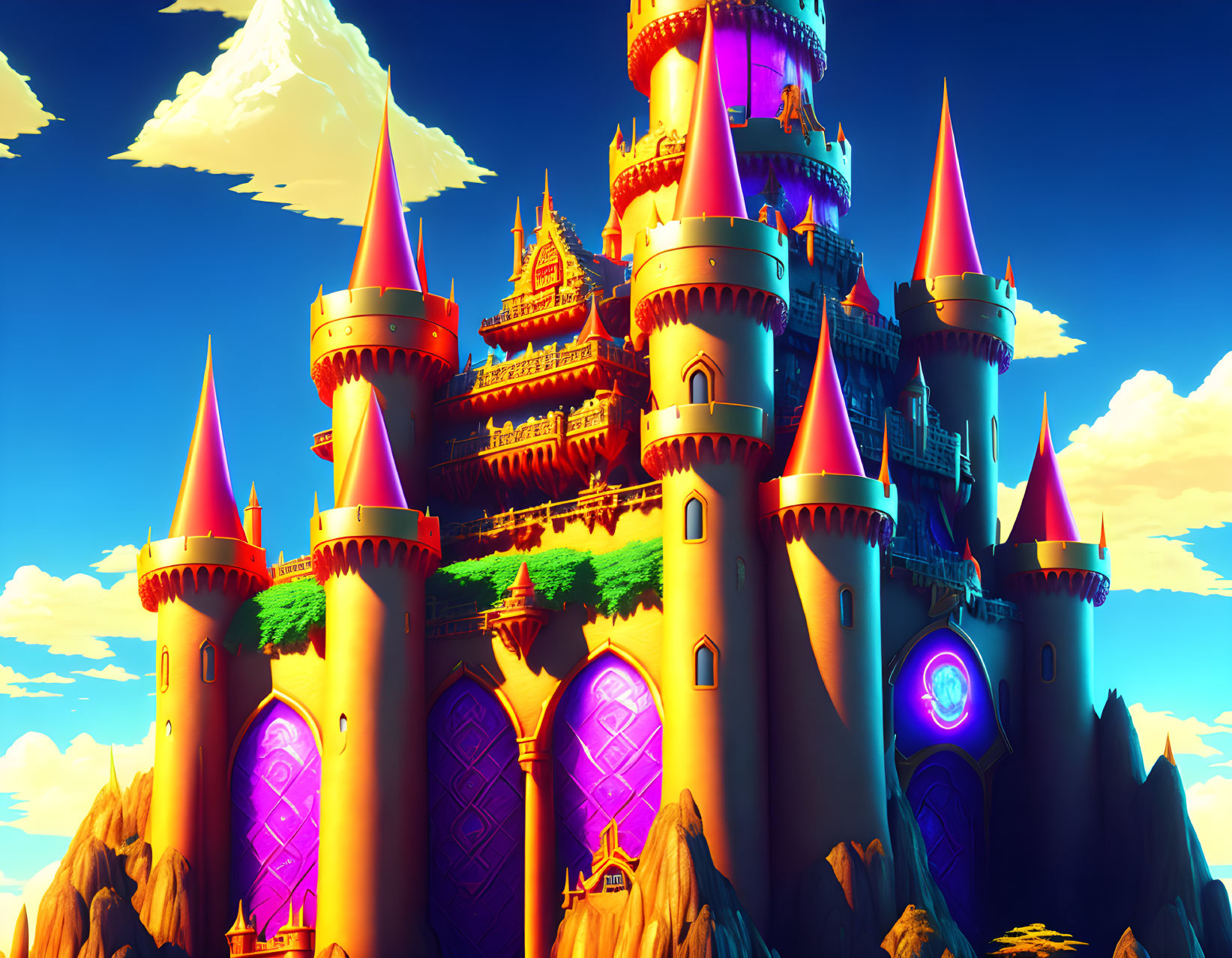 Vibrant fantasy castle in purple and orange hues under blue sky