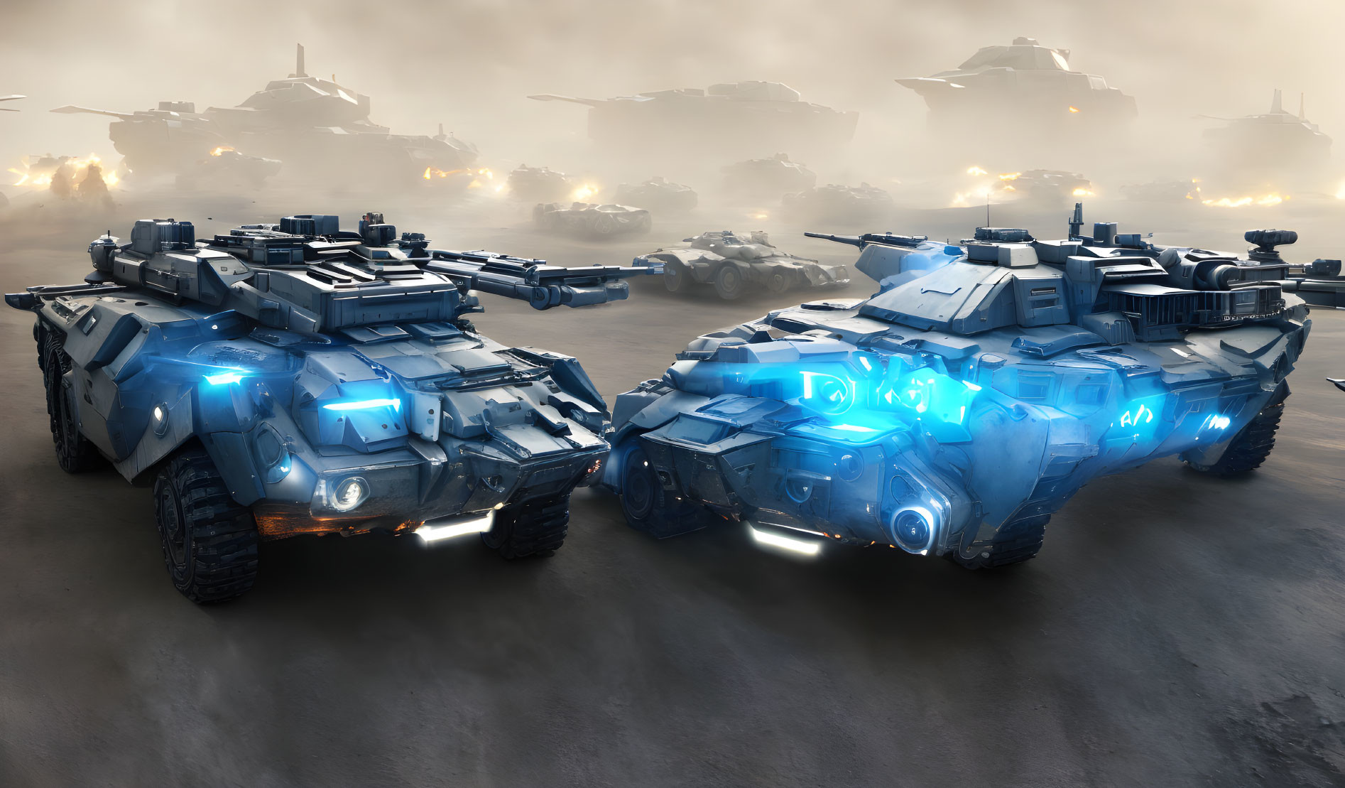 Advanced armored tanks with glowing blue lights on a futuristic battlefield