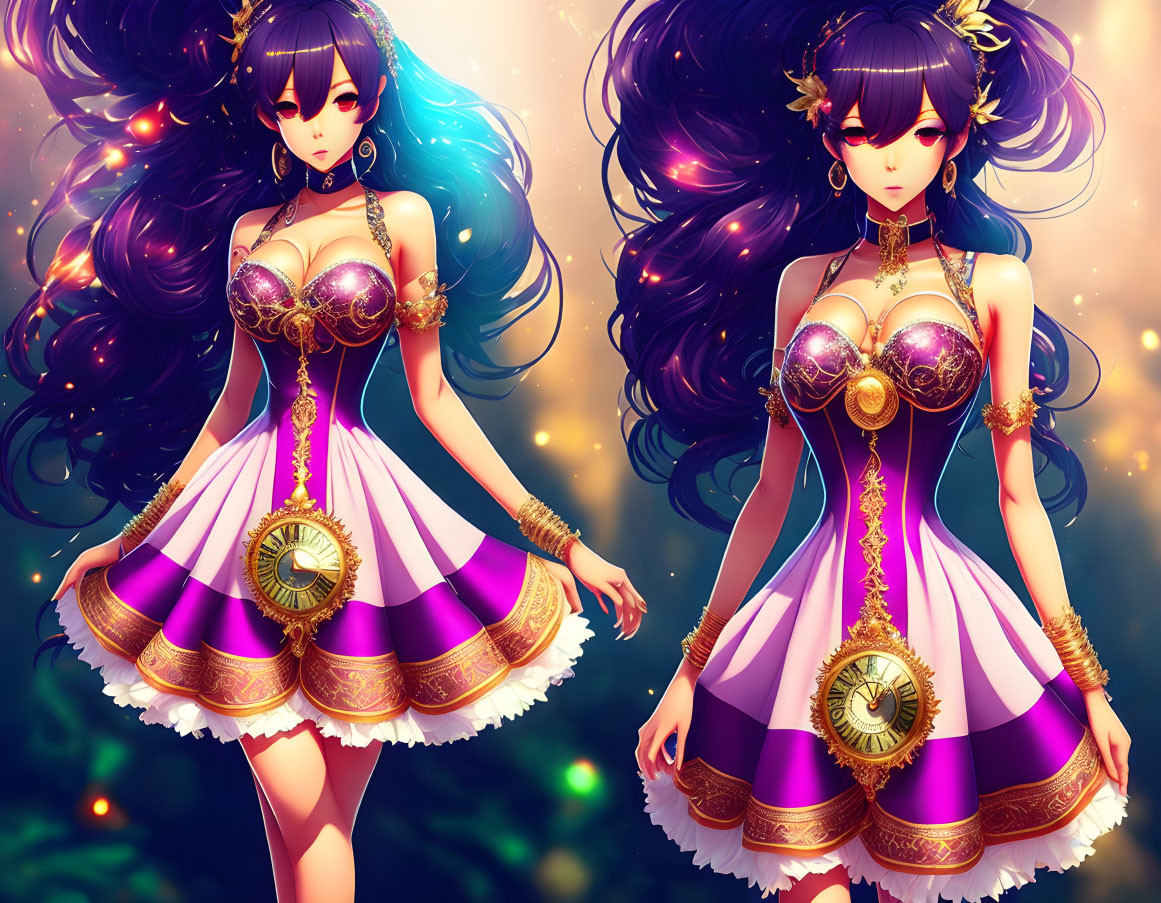 Identical animated characters with flowing dark hair in purple and gold dresses in mystical forest.