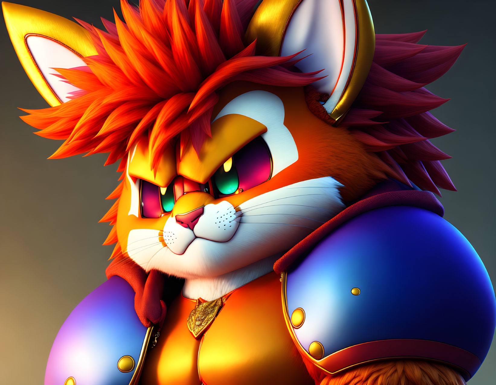 Anthropomorphic fox character in vibrant orange fur with blue armor.