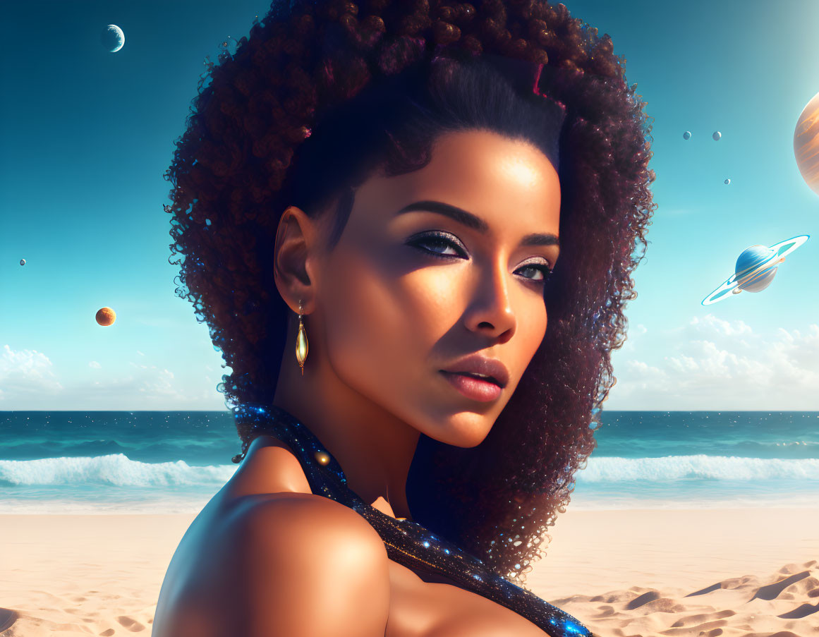 Curly-haired woman gazes with surreal beach backdrop featuring planets and crescent moon