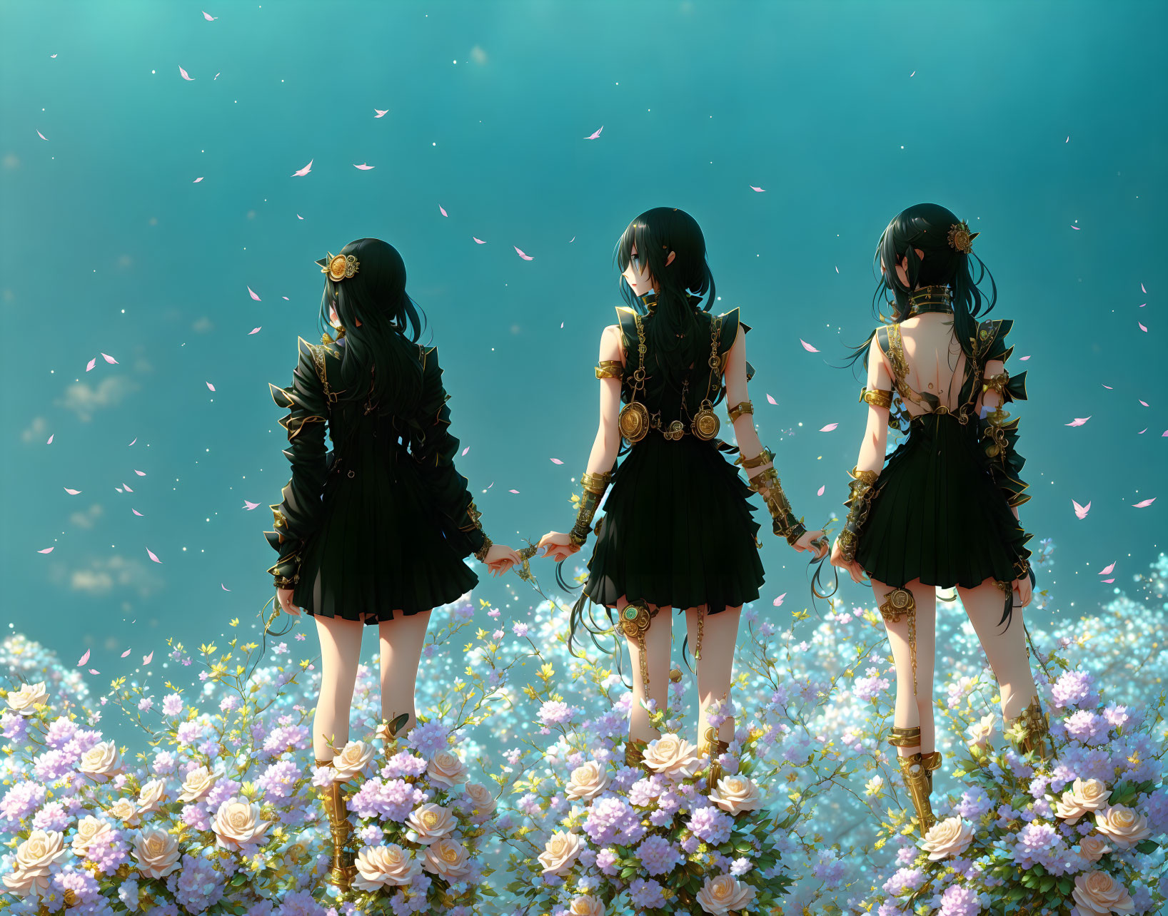 Three identical animated girls in green dresses holding hands in a flower field under a teal sky.