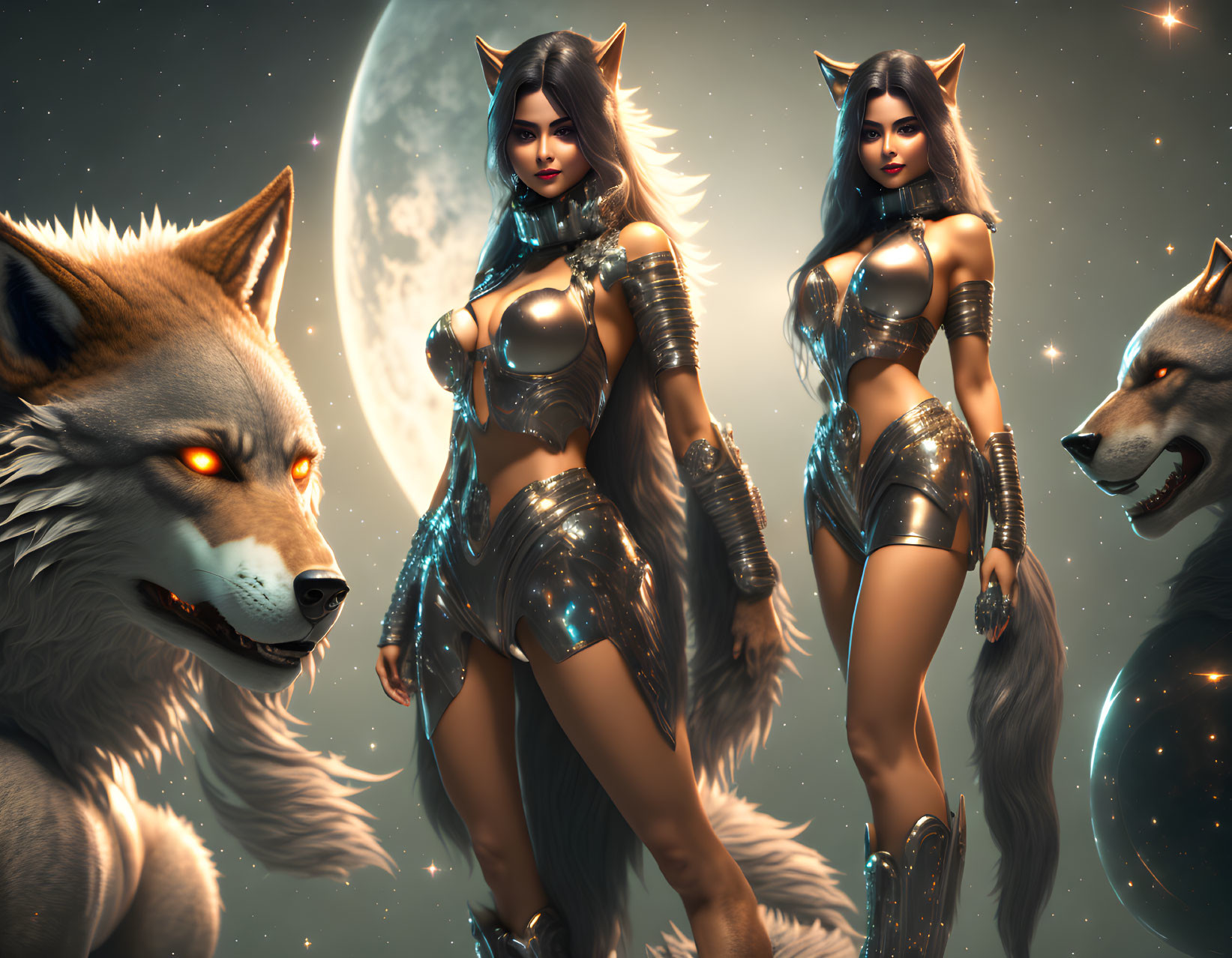 Identical women in futuristic armor with wolf-like ears and wolf under moonlit sky