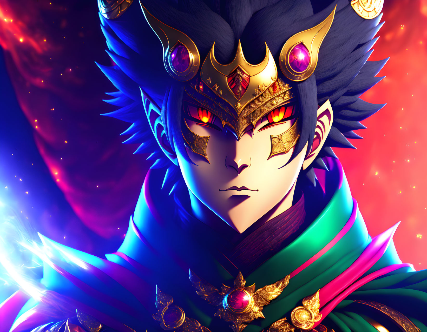 Animated character with golden eyes and ornate helmet in cosmic background