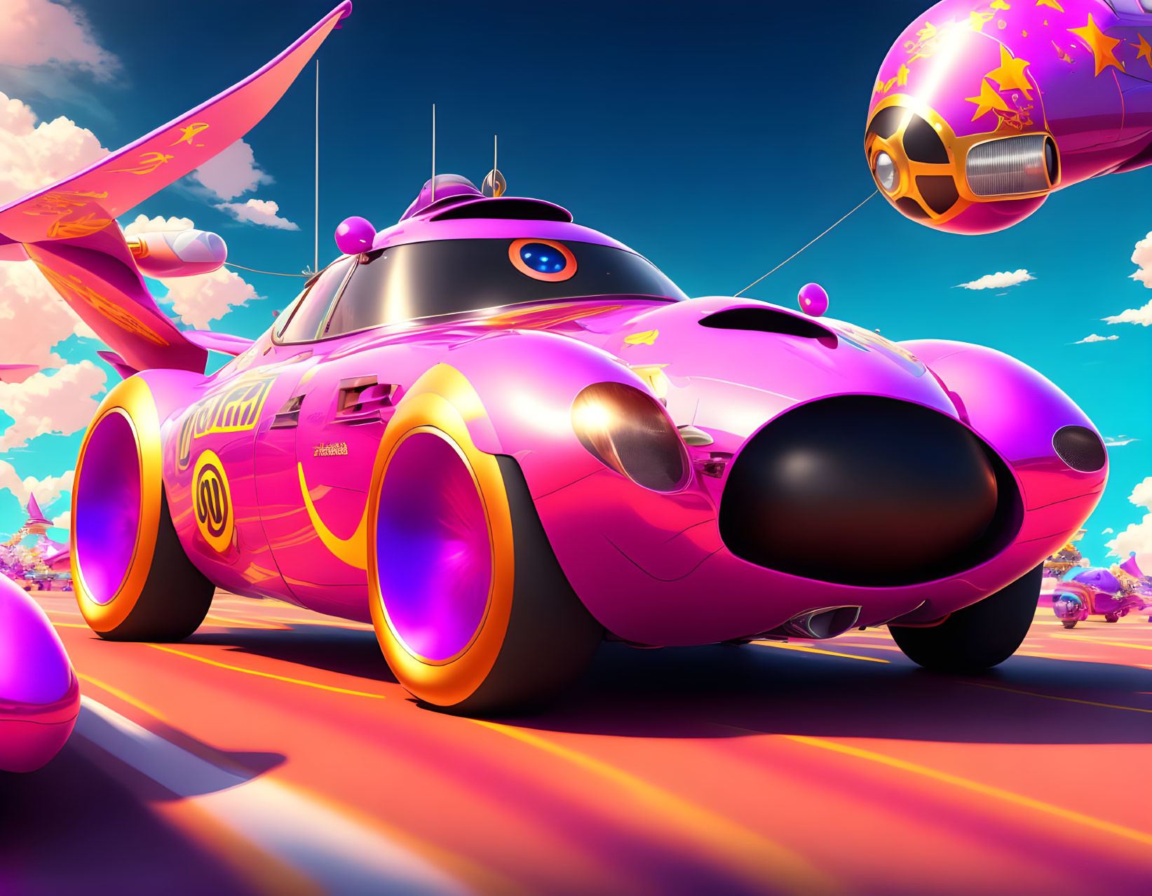 Colorful Cartoon-Style Race Cars and Aircraft in Playful Scene