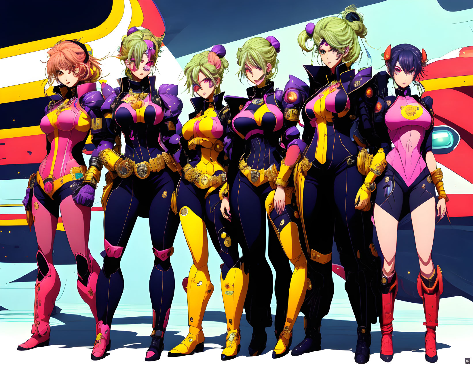 Six female characters in futuristic armored suits with diverse hairstyles and colors, posing confidently by a stylized aircraft