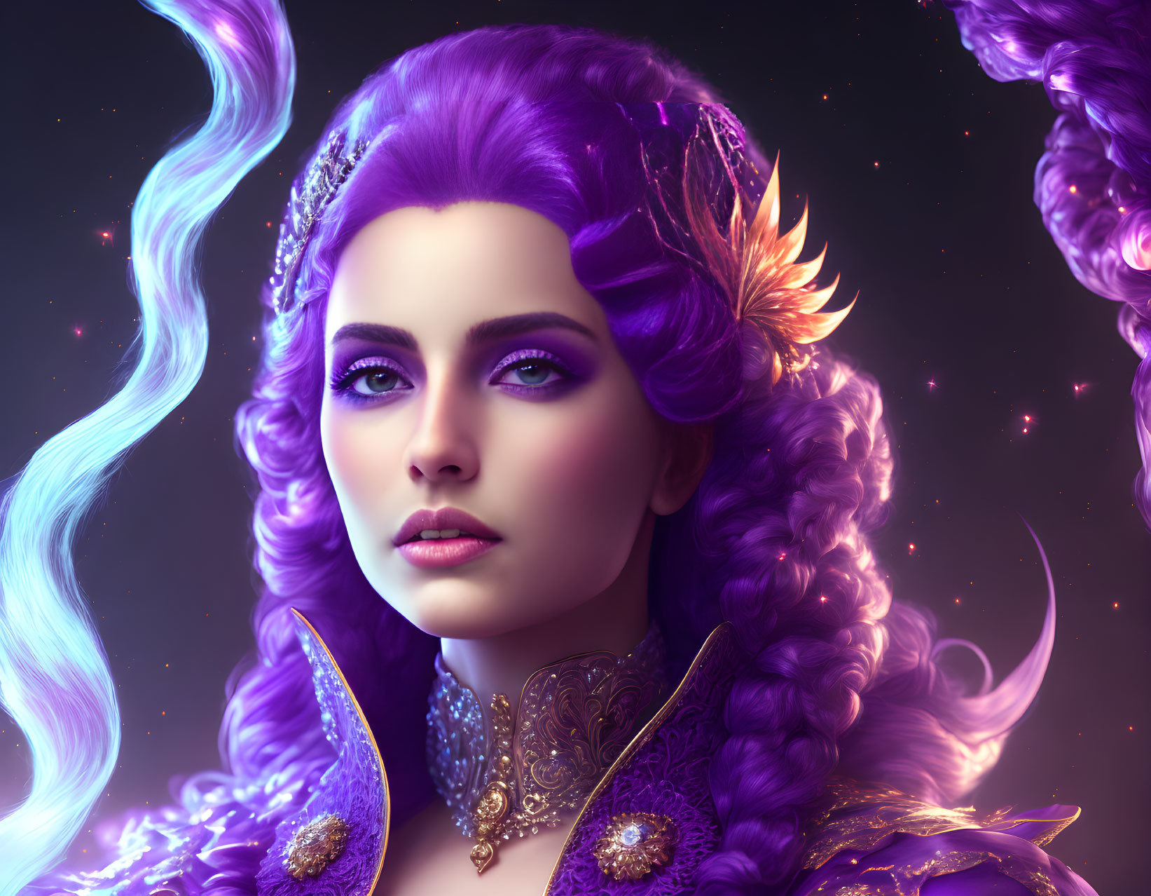 Vibrant purple hair woman with golden accessories in cosmic setting