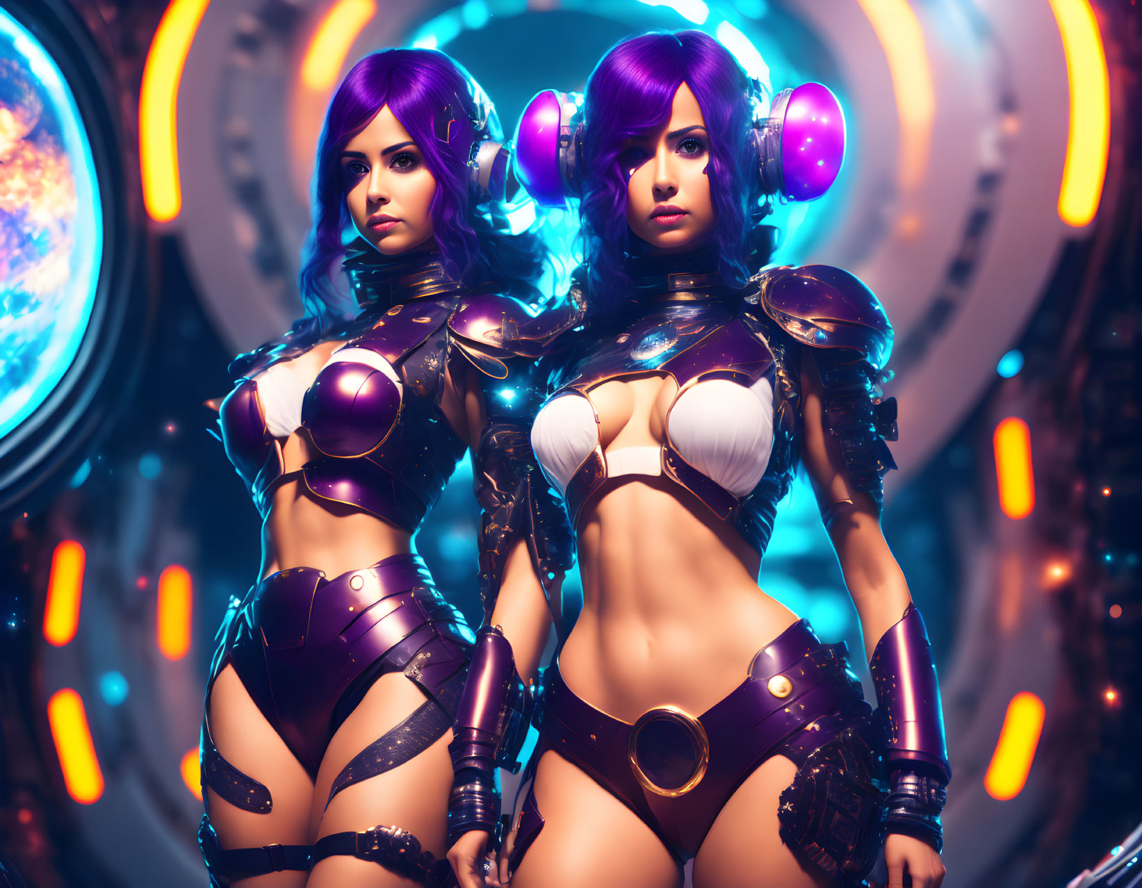 Futuristic women with purple hair in matching armor on sci-fi backdrop