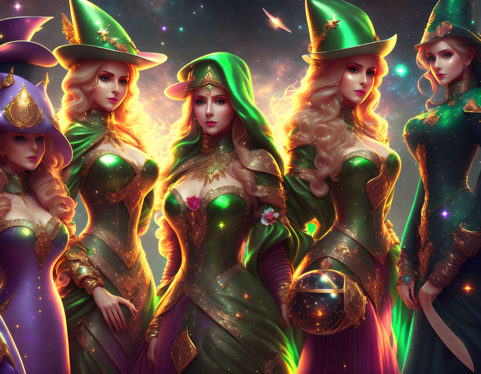 Five animated female characters in pointy hats and green-golden fantasy armor against a cosmic backdrop.