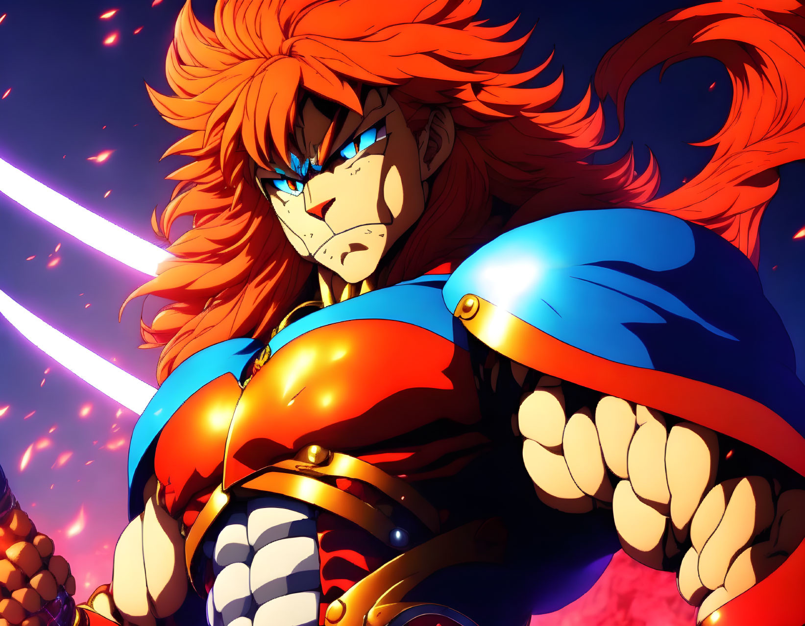 Muscular anime-style character with red hair and blue face markings in armor against glowing background.