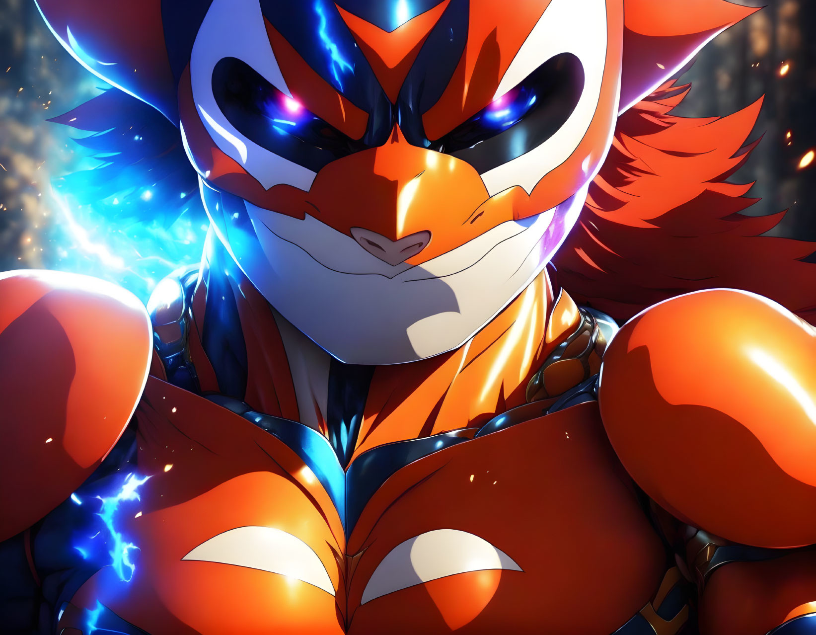 Fierce red and orange fur animated character in armored suit with blue energy.