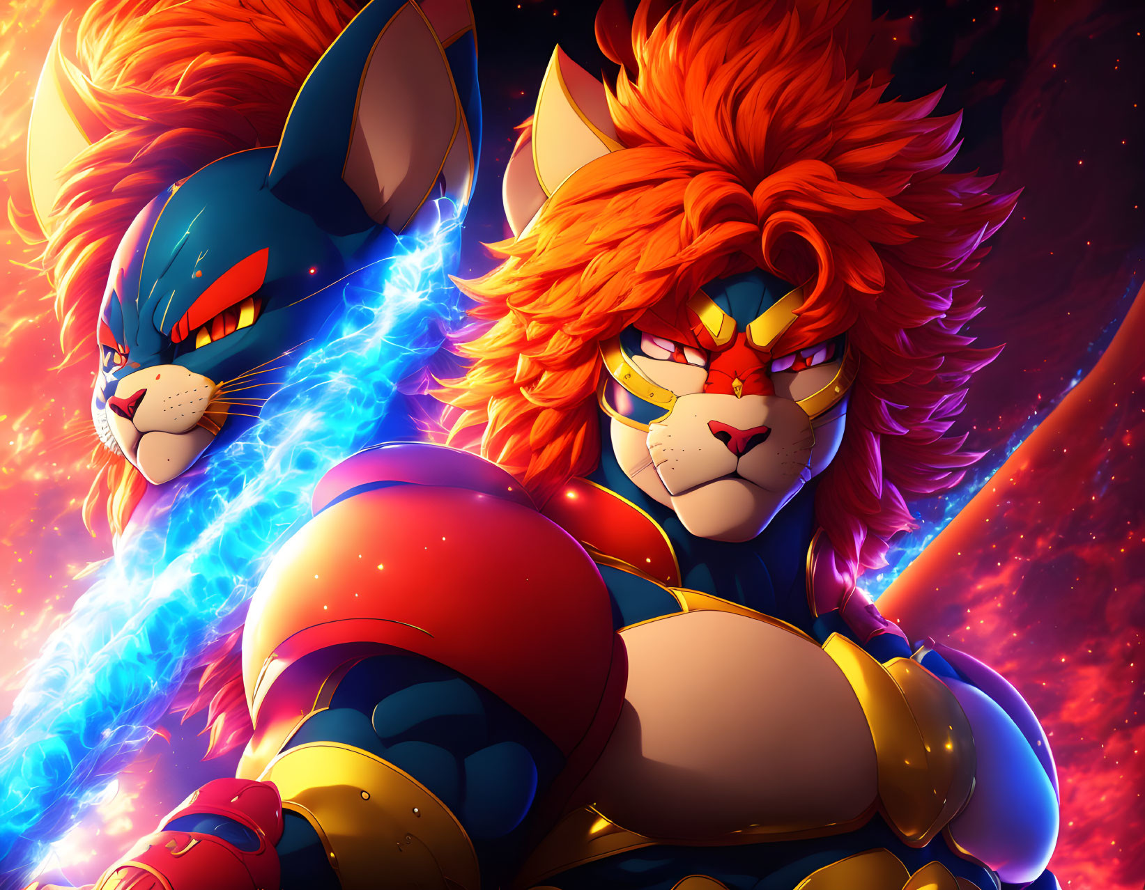 Stylized anthropomorphic felines in armor with blue and red energy in cosmic scene