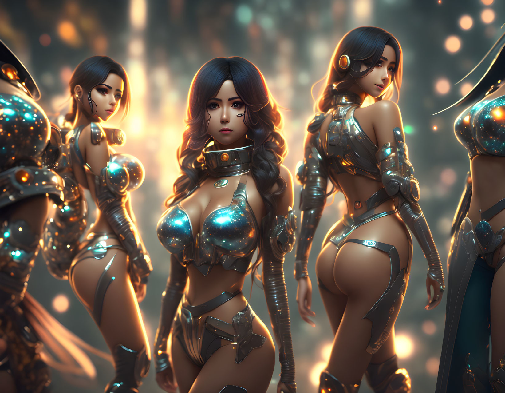 Futuristic female warriors in metallic armor in mystical forest