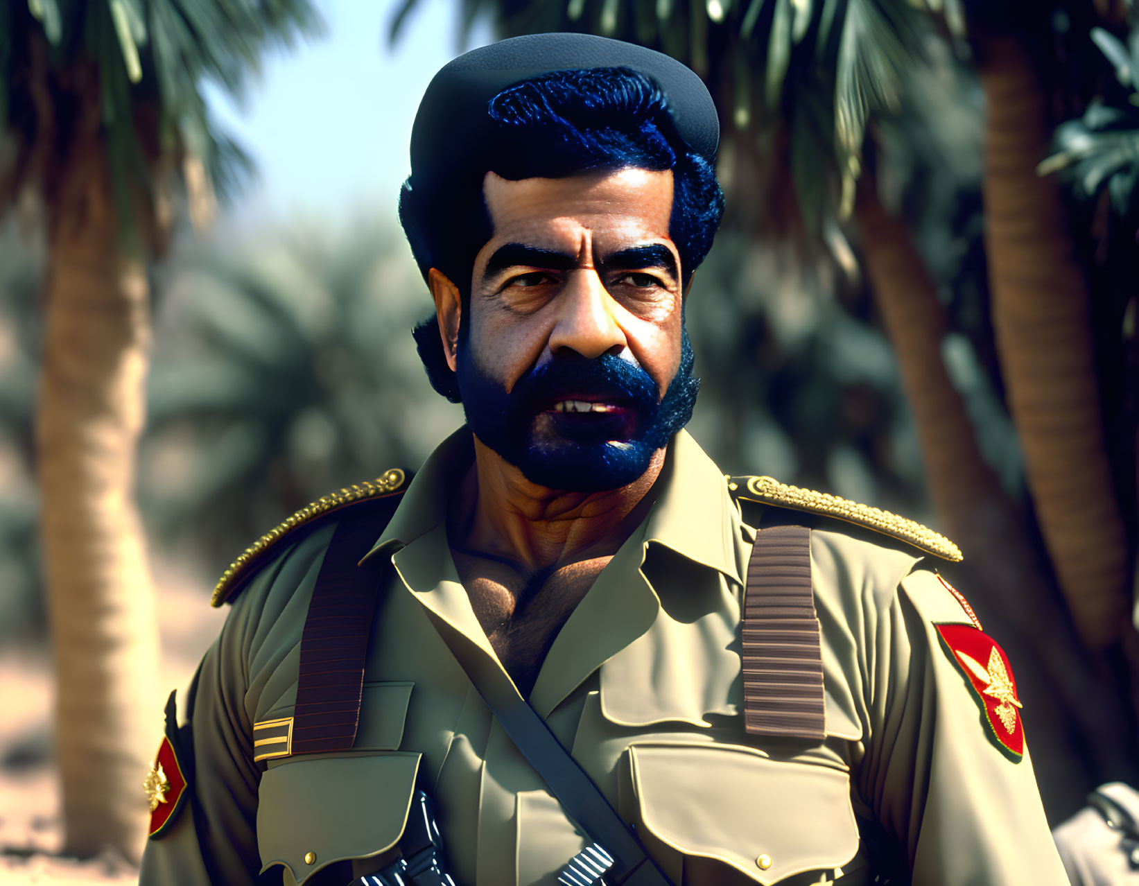 Digital artwork of a man in military uniform with mustache, beret, palm tree backdrop