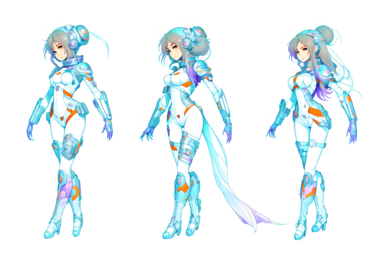 Female anime character poses in white and orange futuristic armor with scarf and spherical helmet.