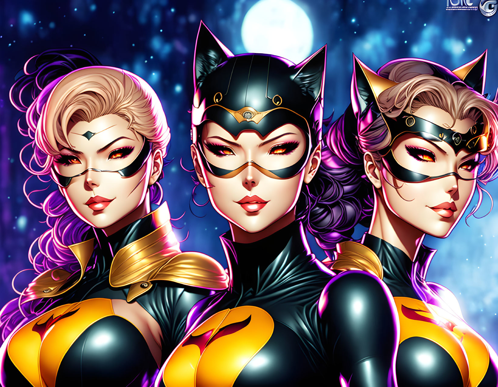 Stylized female superhero characters in cat-themed costumes on cosmic backdrop