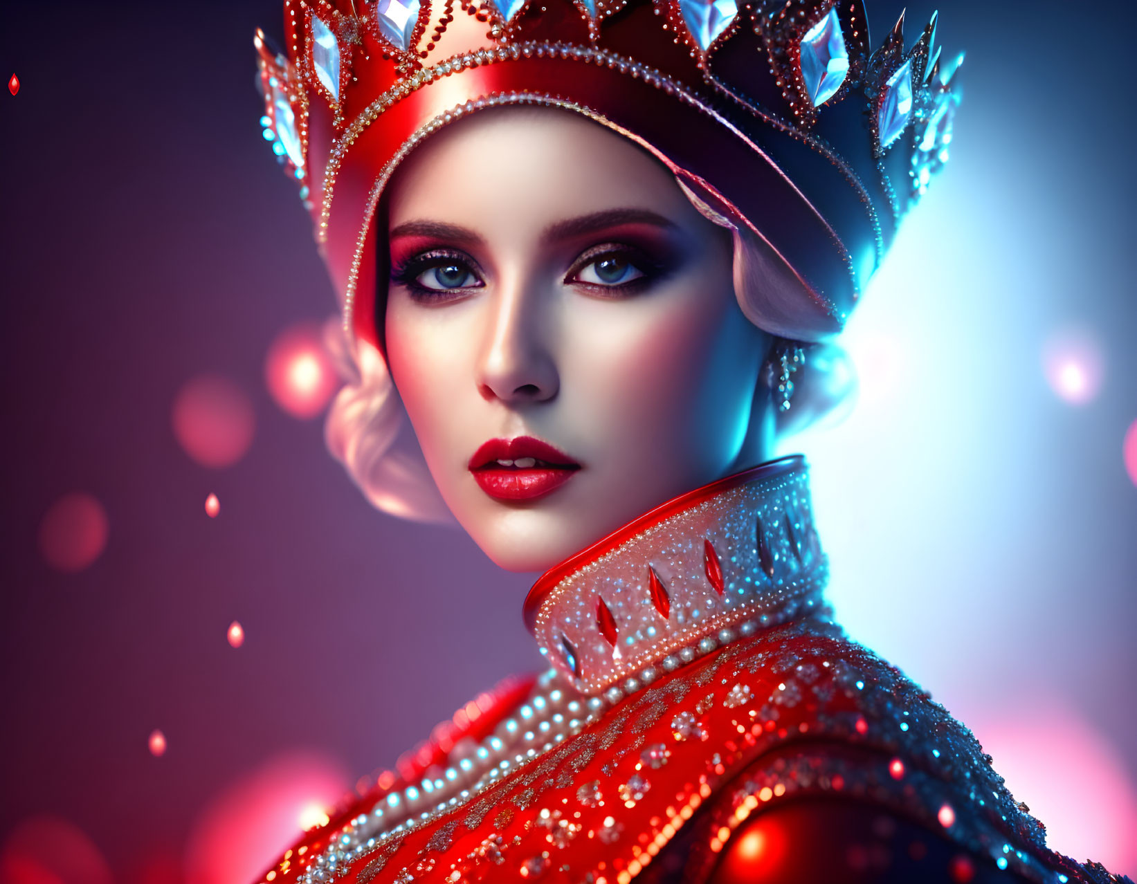 Digital Artwork: Woman in Red Crown and Attire on Purple Background