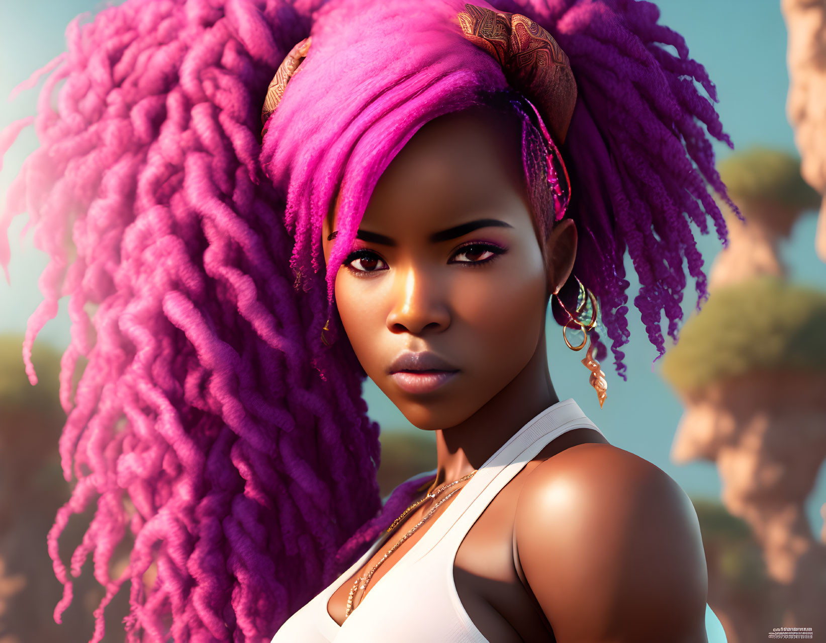 Vibrant pink dreadlocks on a woman with brown eyes and gold earrings