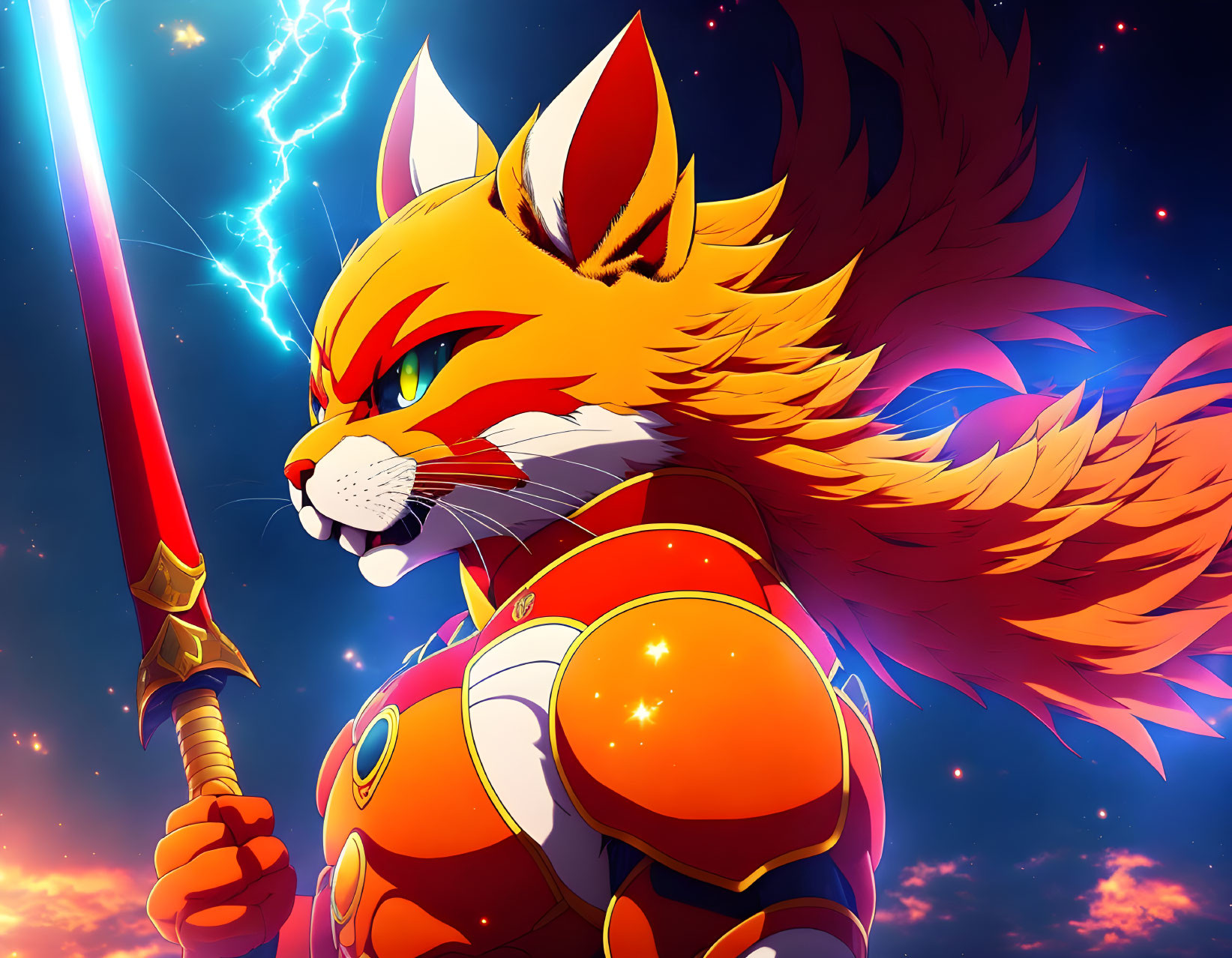 Anthropomorphic fox warrior with sword in starry lightning scene