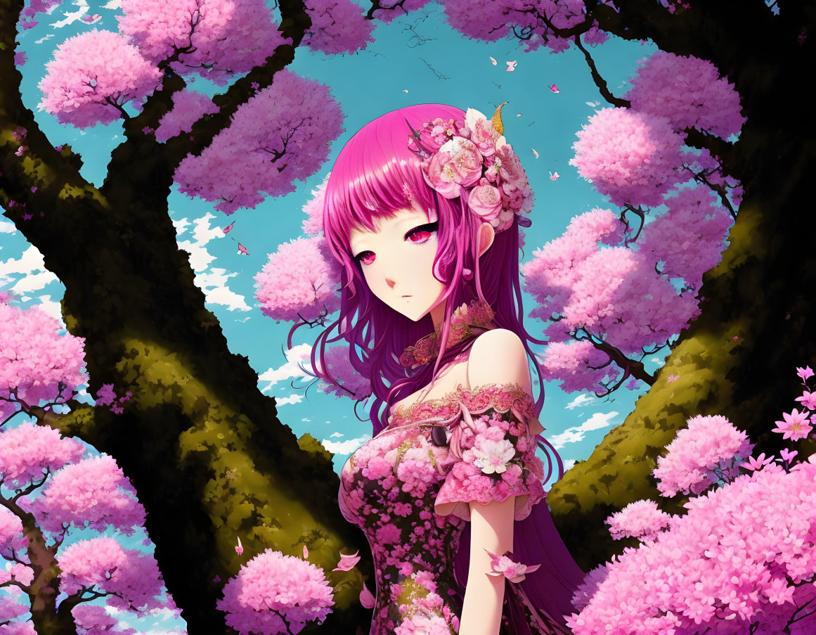 Illustration of female character with pink hair and flowers under cherry blossoms