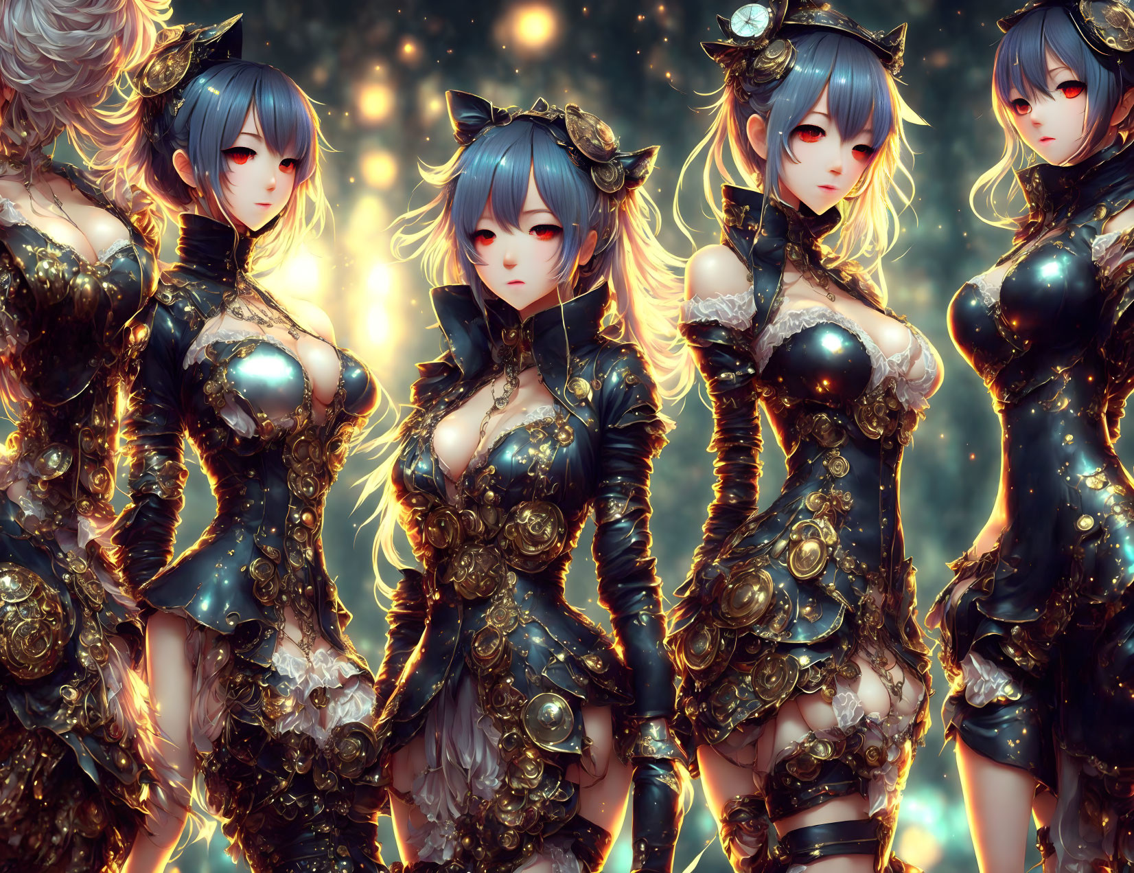 Four Blue-Haired Female Characters in Golden Armor on Ethereal Background