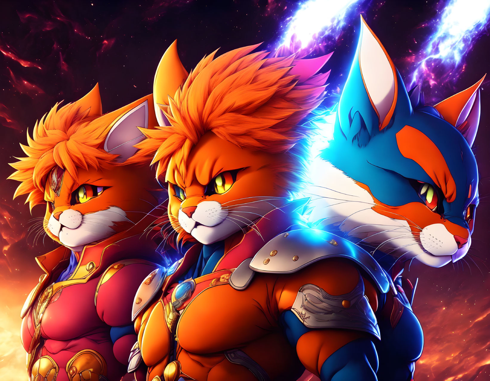 Anthropomorphic feline warriors in armor against cosmic fire.