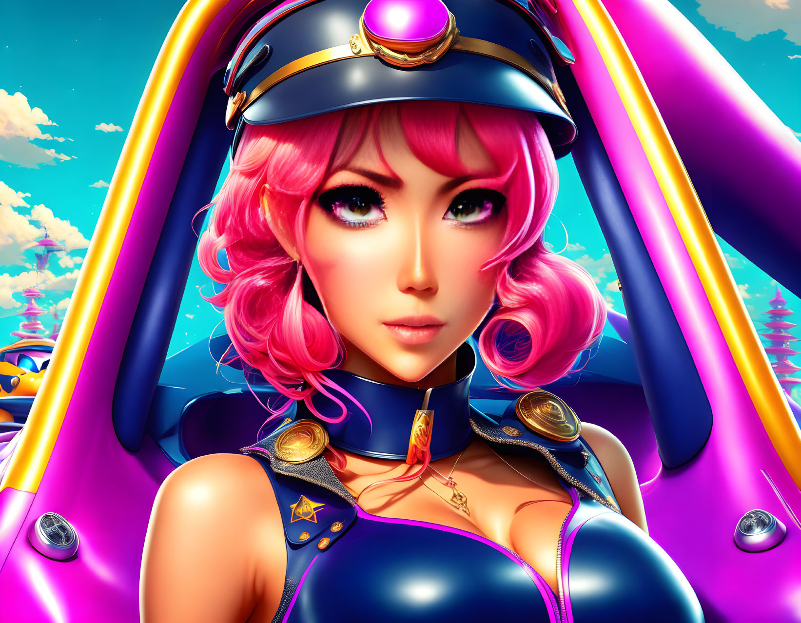 Digital artwork: Stylized female character with pink hair in futuristic military uniform