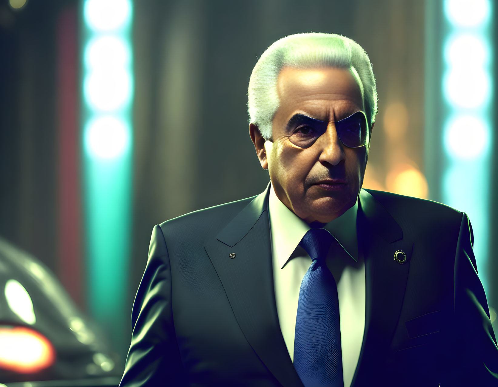 Stylized image of older man in suit with white hair and sunglasses at night