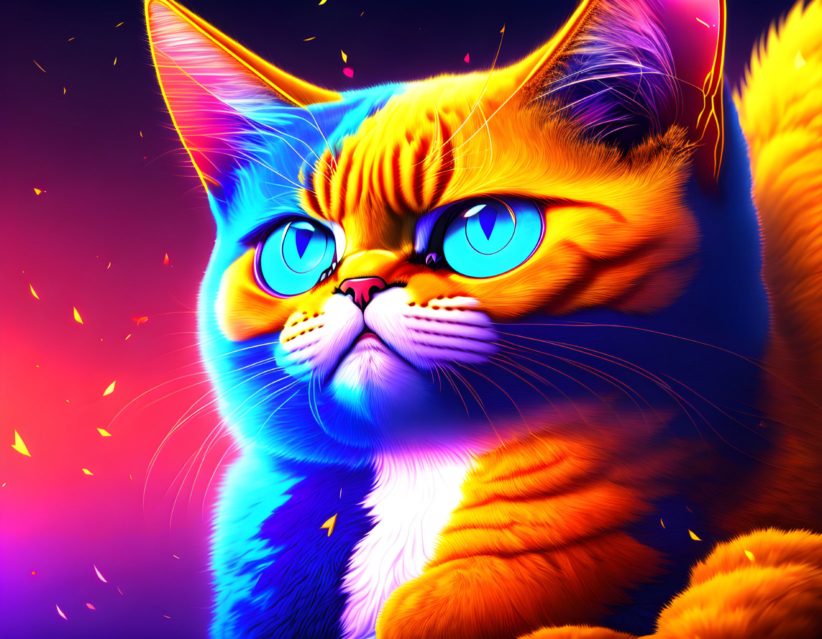 Colorful digital art: Orange cat with blue eyes on dynamic purple-blue backdrop.