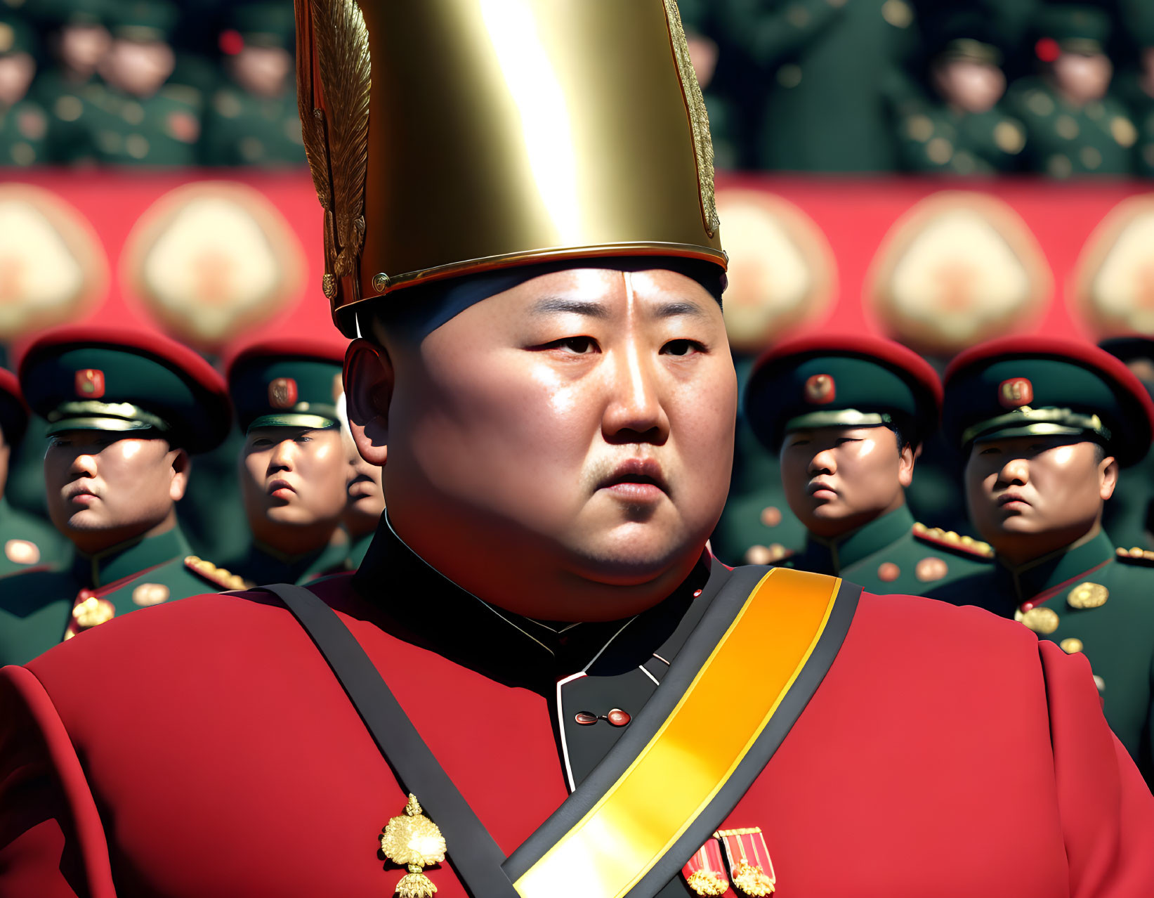 Military man in red uniform with gold sash and tall hat leading soldiers in green uniforms and red caps