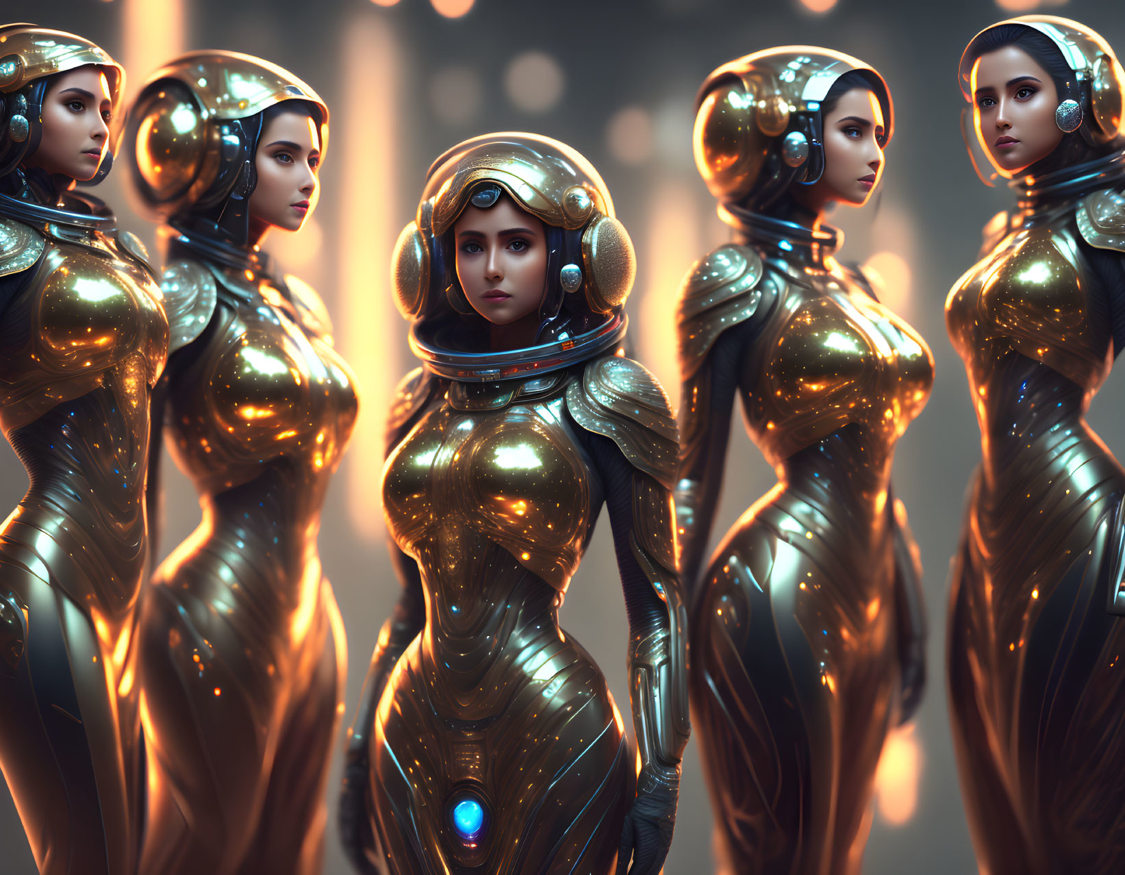 Five Futuristic Female Figures in Golden Armor with Helmets and Soft Glow