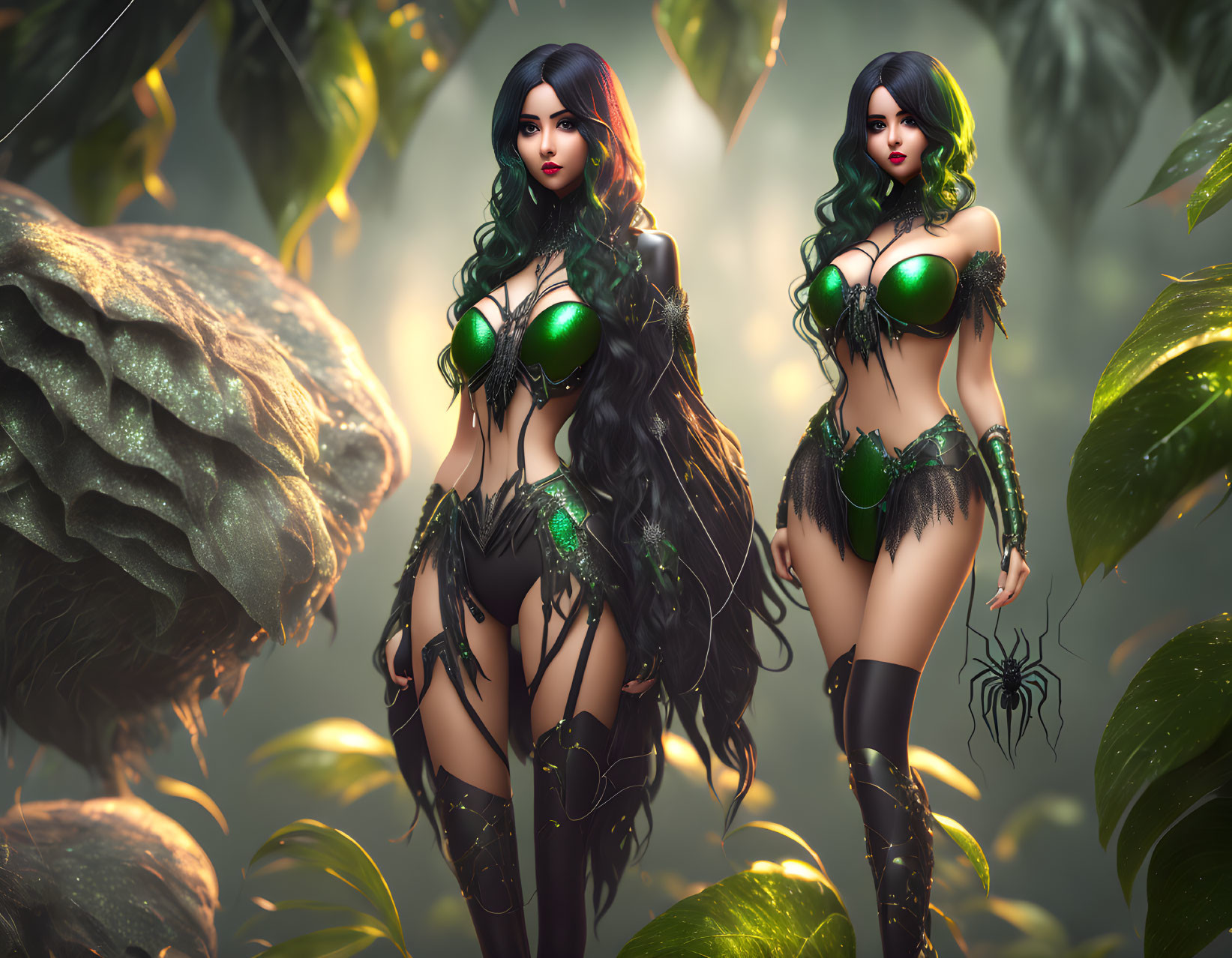 Stylized female figures in green and black fantasy costumes among lush foliage