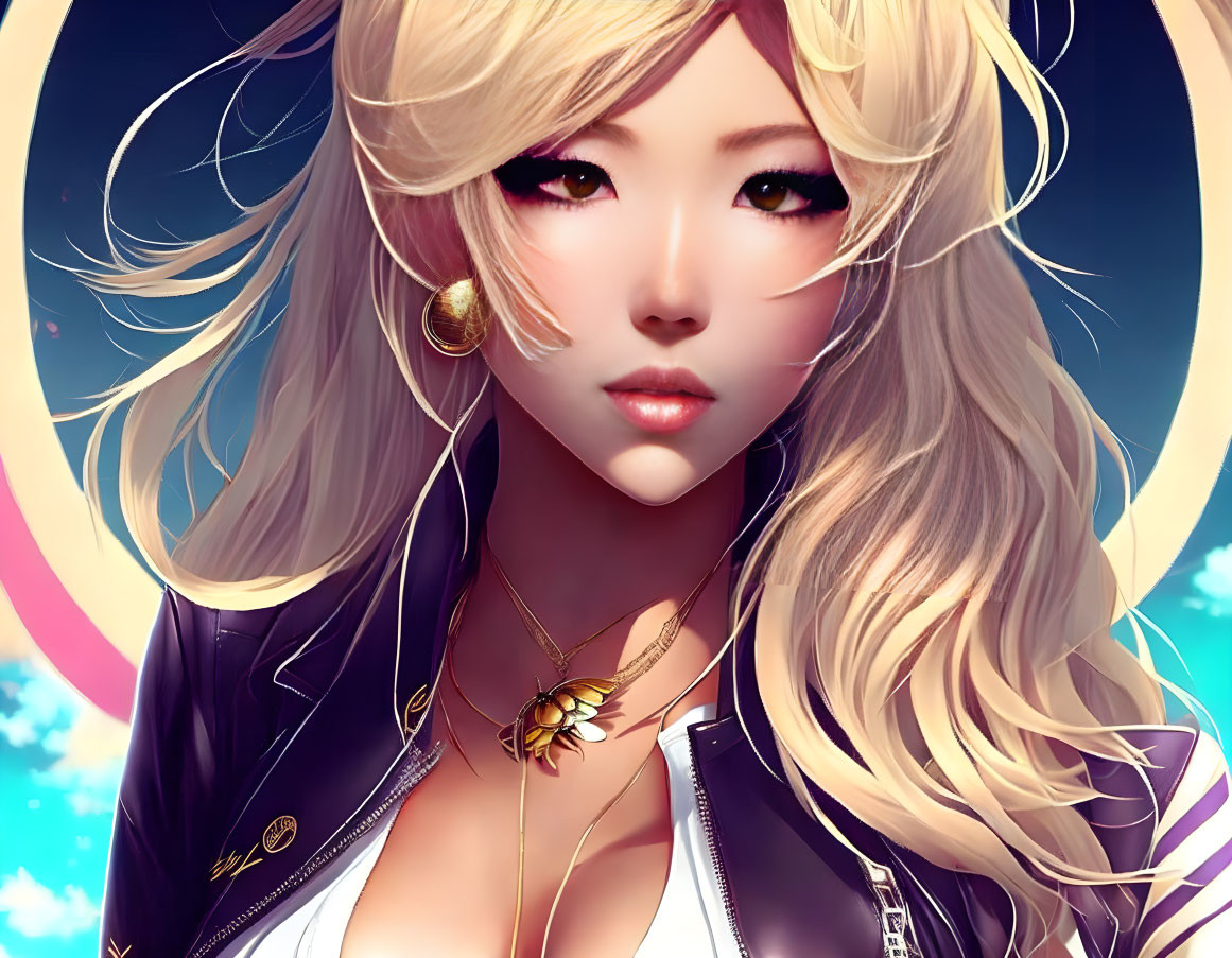 Blonde anime character with gold earrings in black jacket against colorful sky.