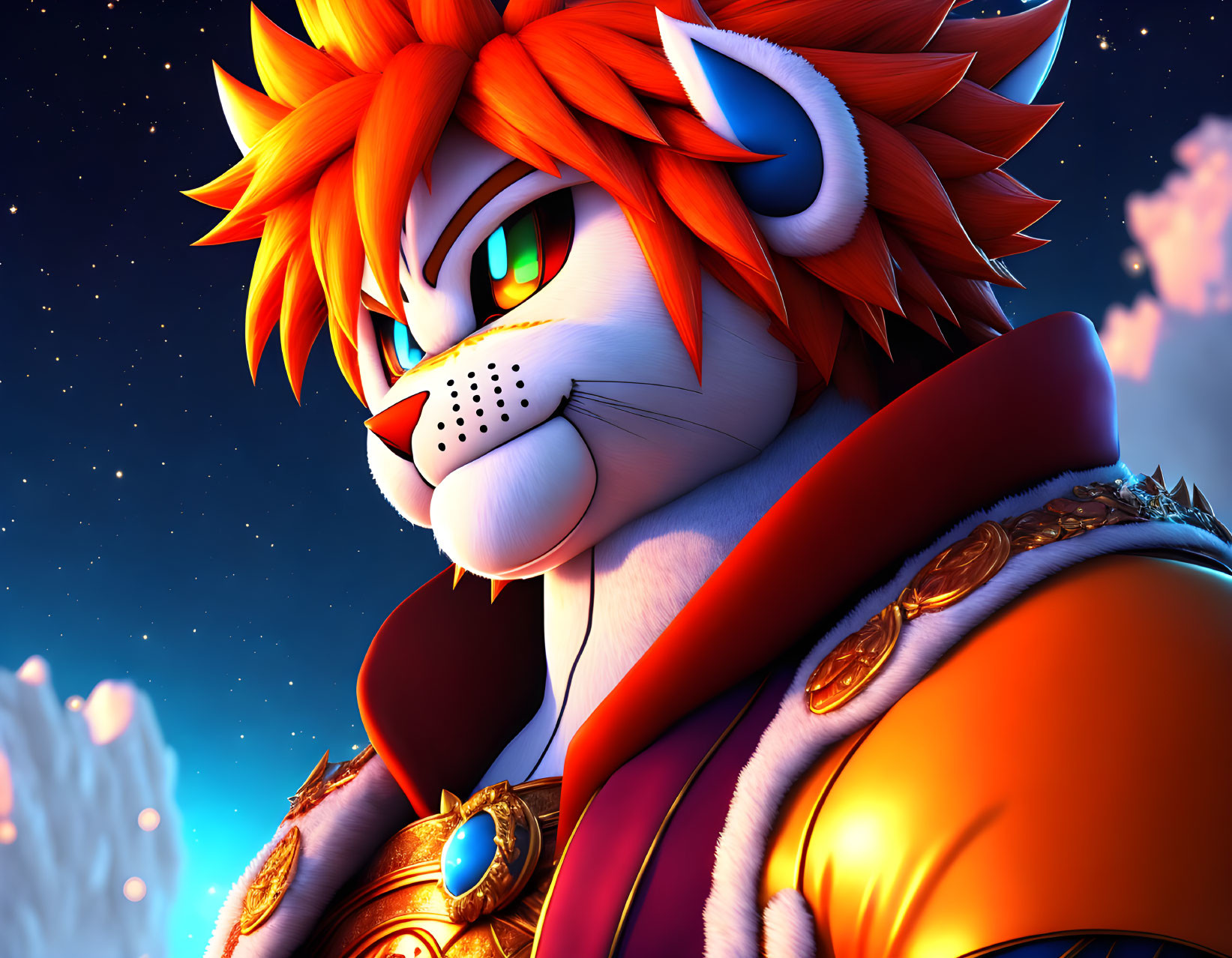 Fiery red-maned lion character in regal outfit against night sky