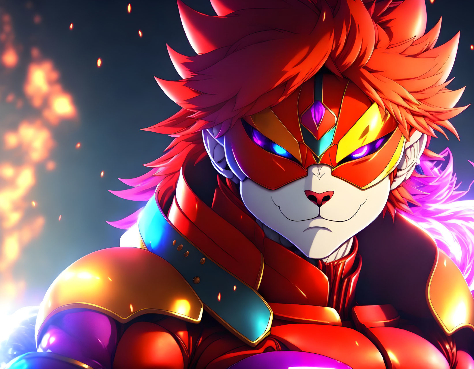 Vibrant armor lion illustration with fiery mane on dramatic backdrop