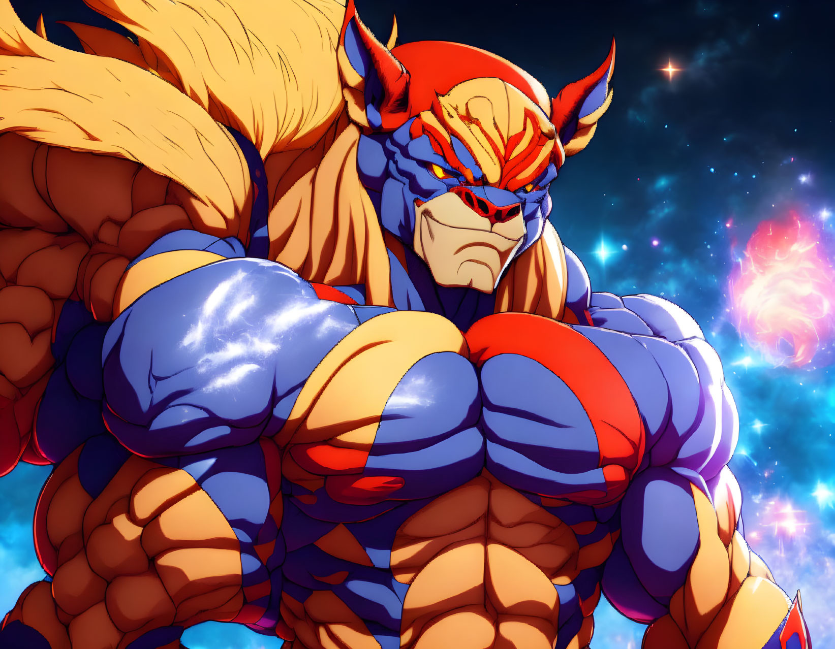 Muscular lion warrior in red and blue armor on cosmic backdrop