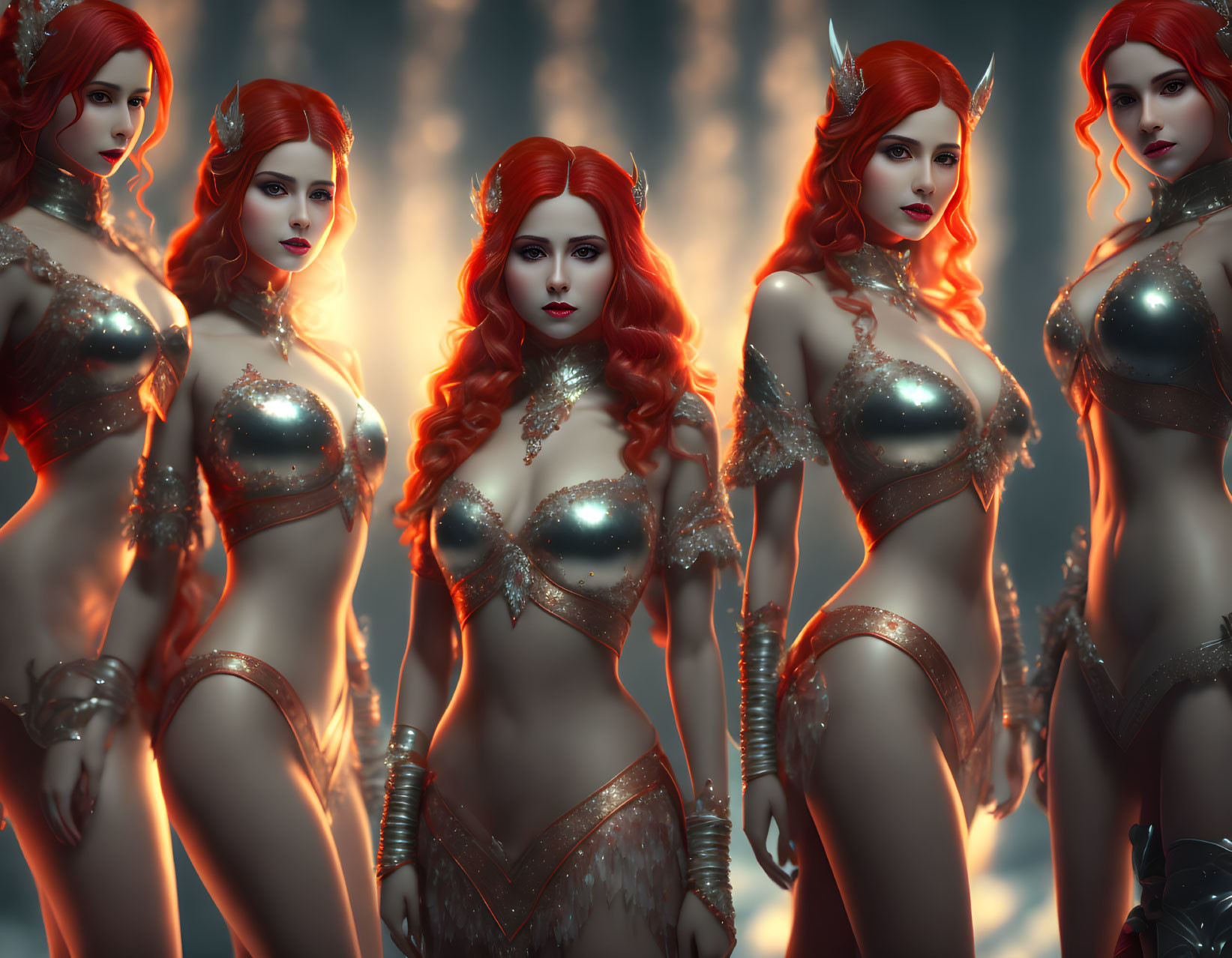 Fantasy-themed red-haired female figures in metallic armor against misty backdrop