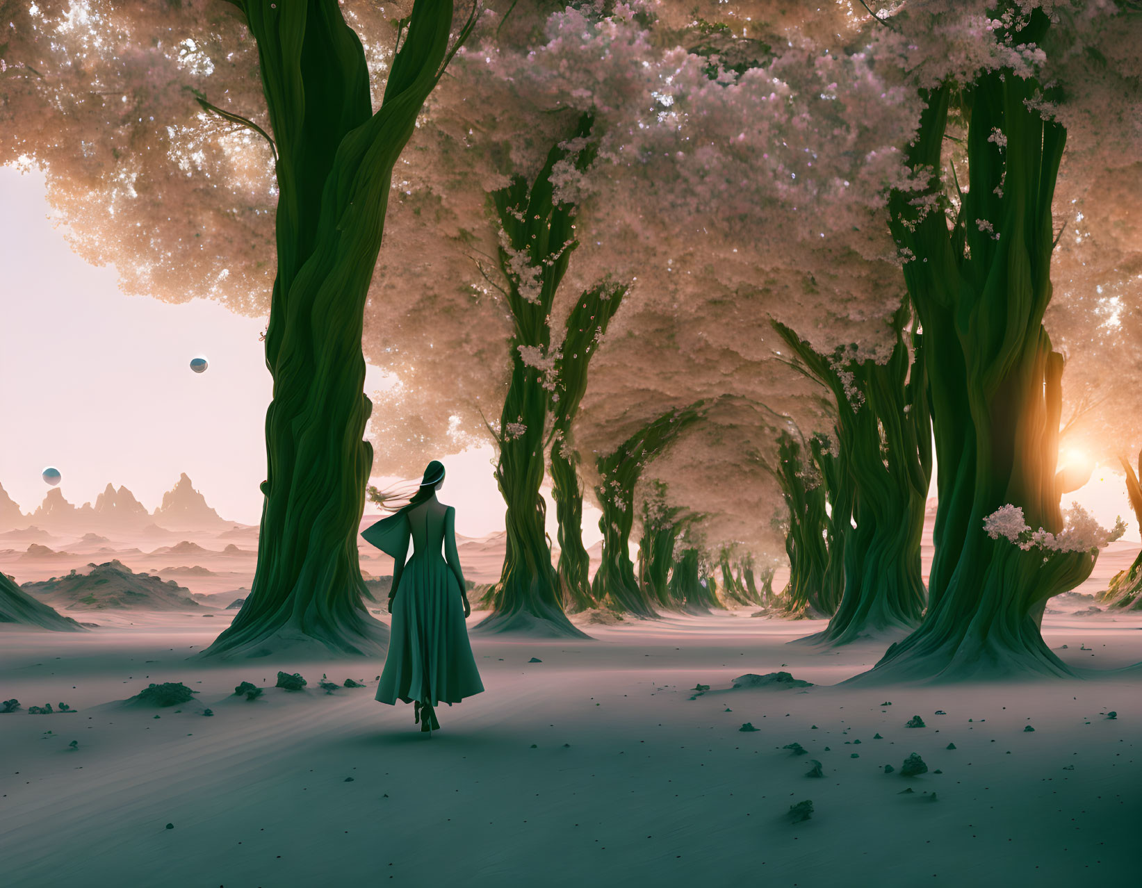 Woman in dress in fantasy landscape with giant trees and cherry blossoms at sunset