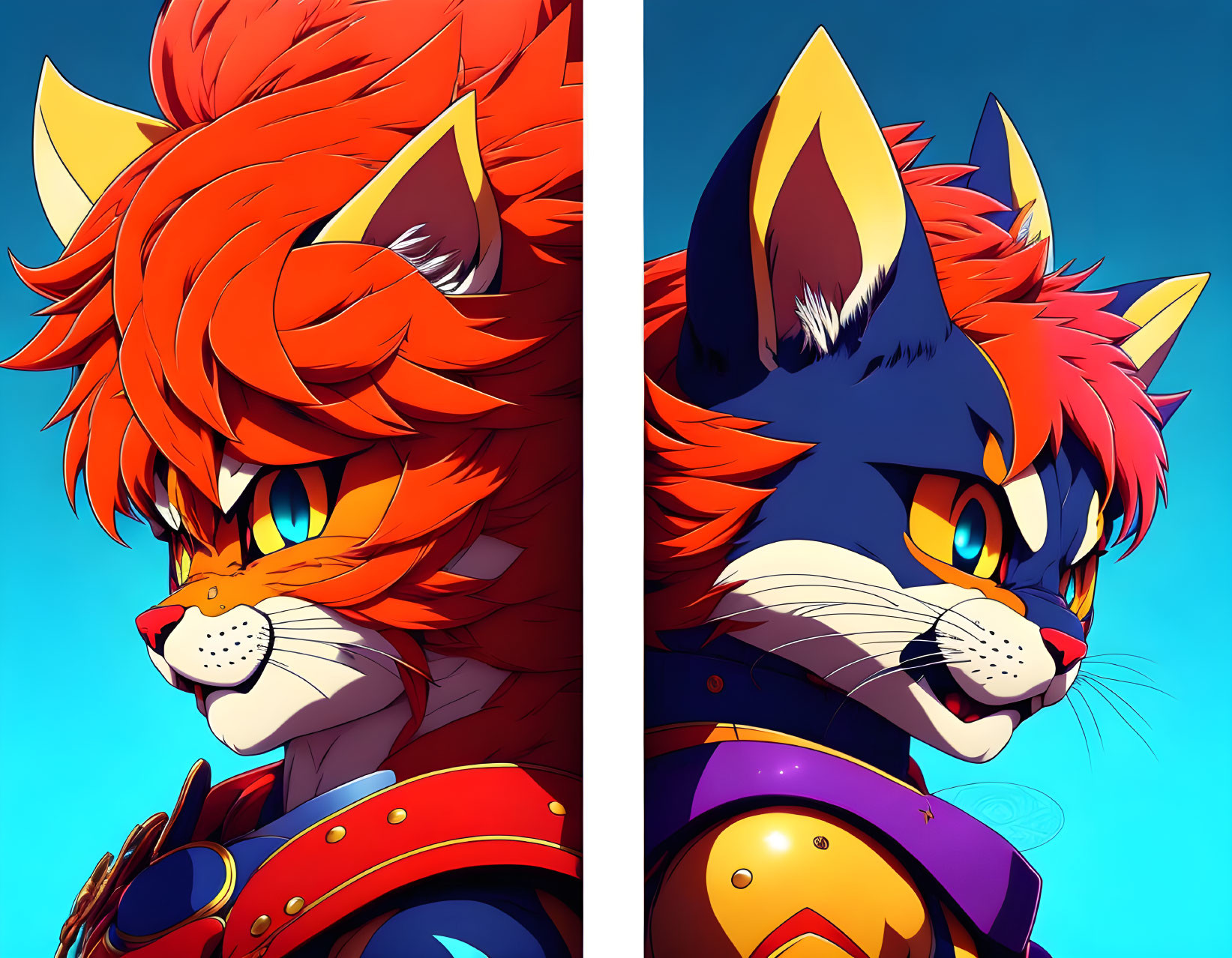 Stylized anthropomorphic feline characters in vibrant red and blue armor