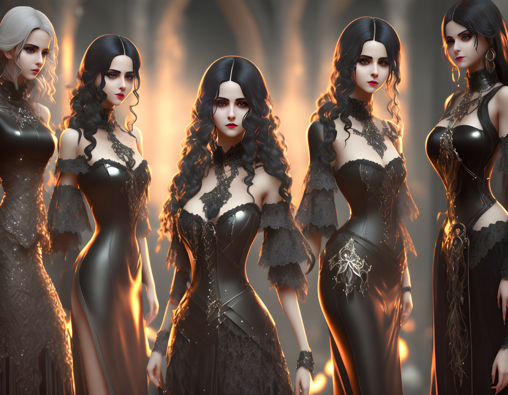 Five identical women in black gothic dresses in misty forest