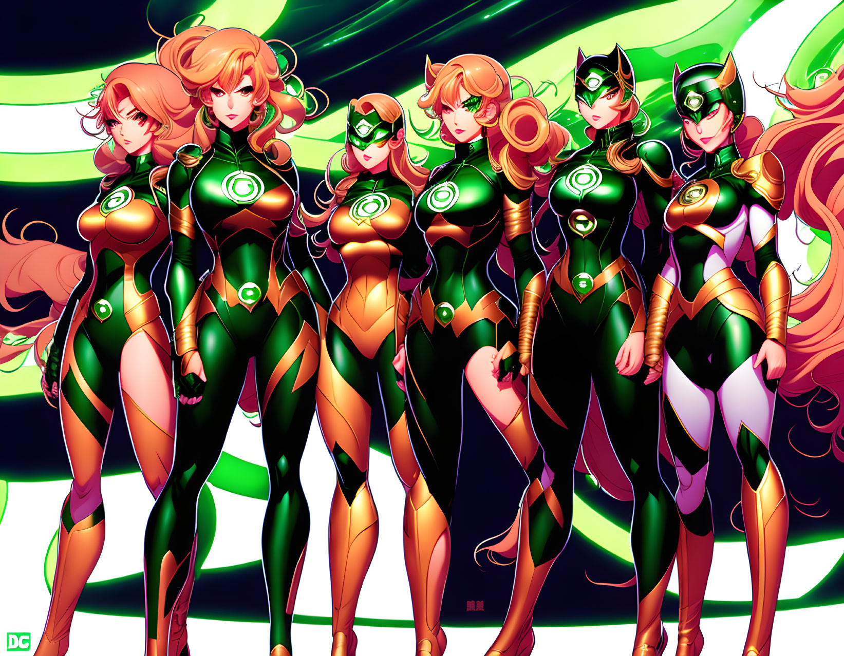 Multiple female superheroes in green and black outfits with glowing symbols, standing confidently against a backdrop with green energy