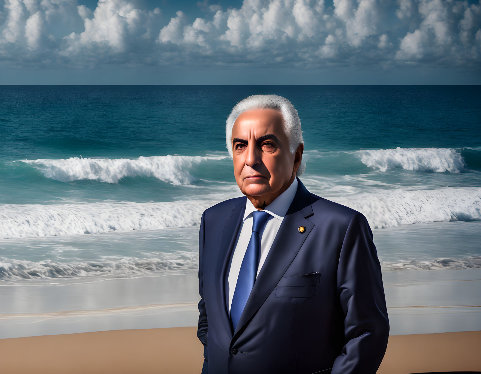 Elderly man in dark suit against ocean backdrop