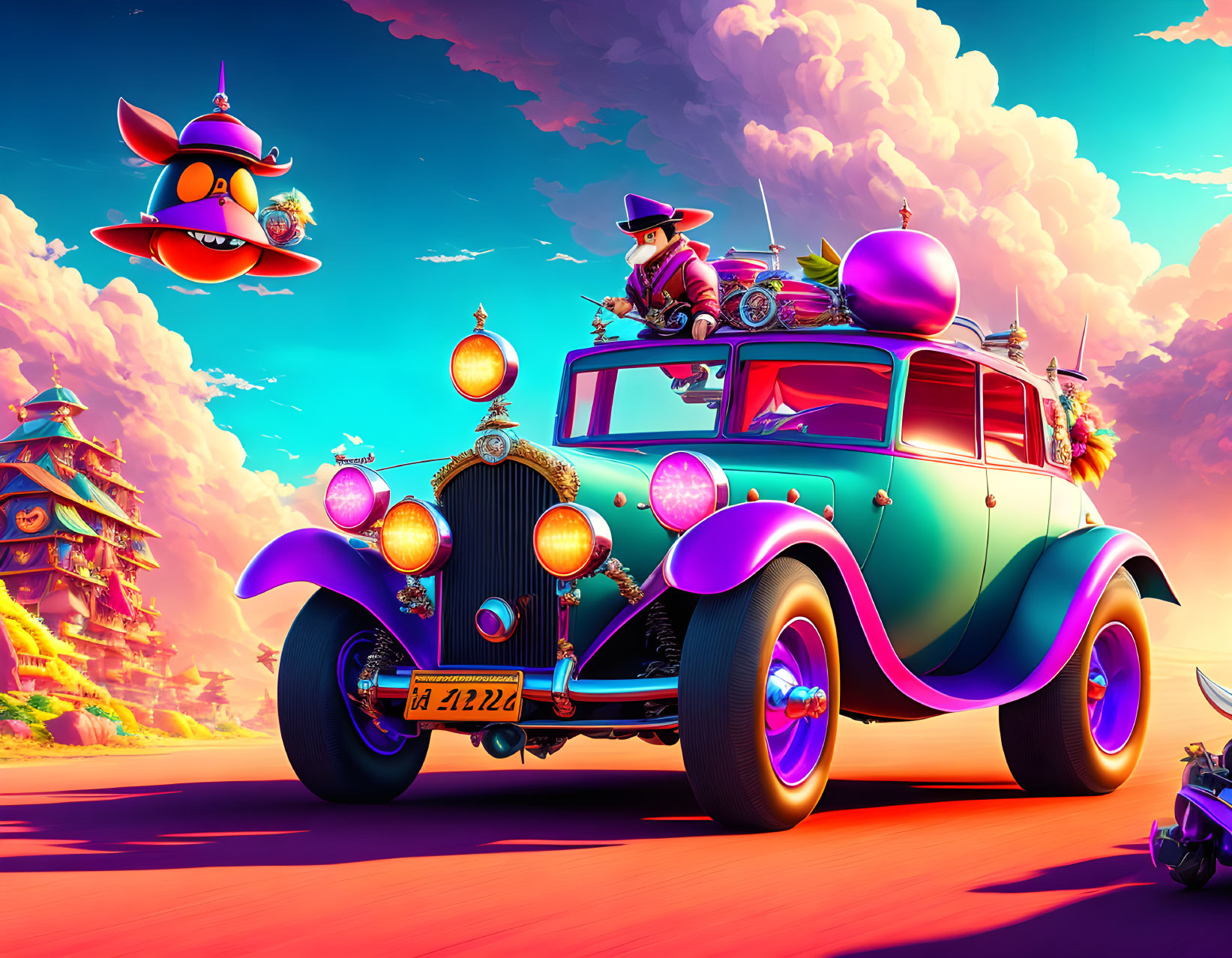 Colorful digital art: Character in purple suit driving retro-futuristic car with orbs and pagoda