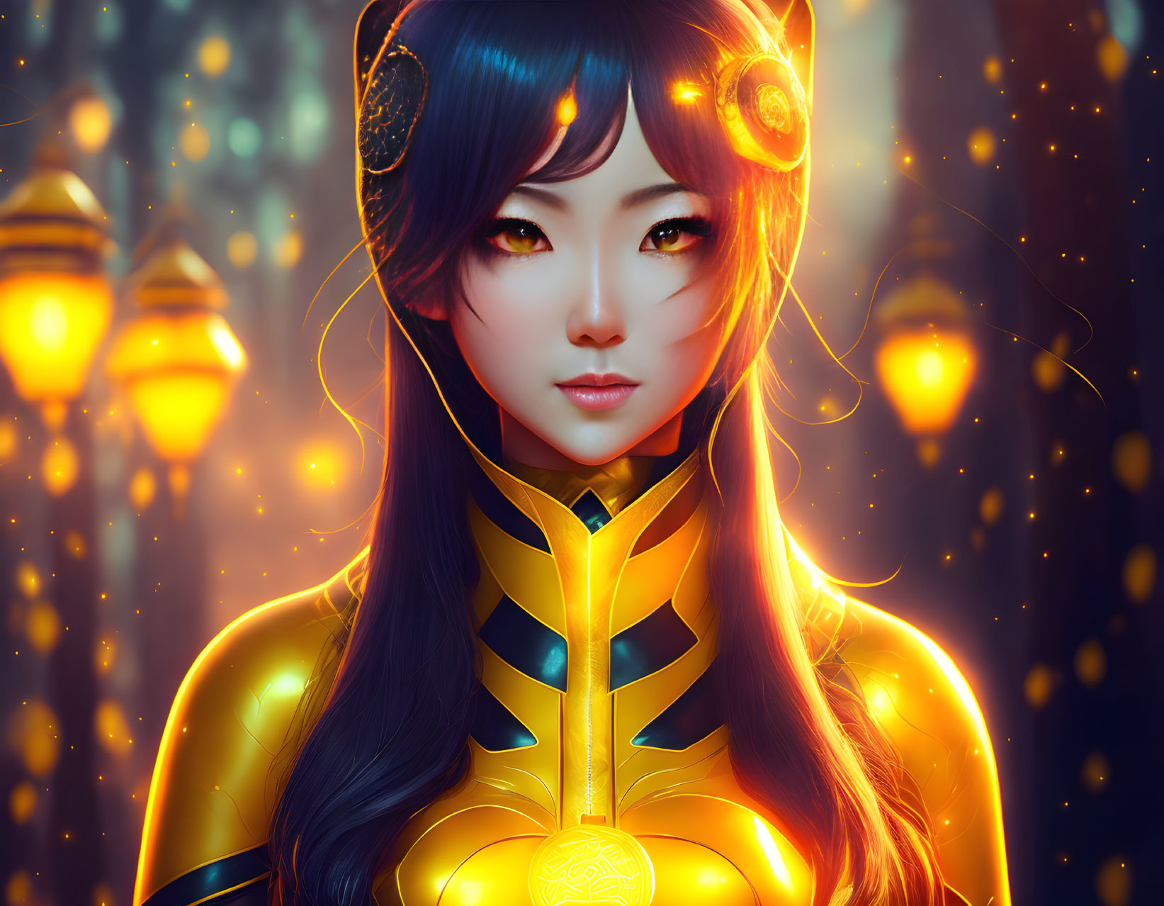 Vivid blue hair woman with gold headphones in luminous lantern setting