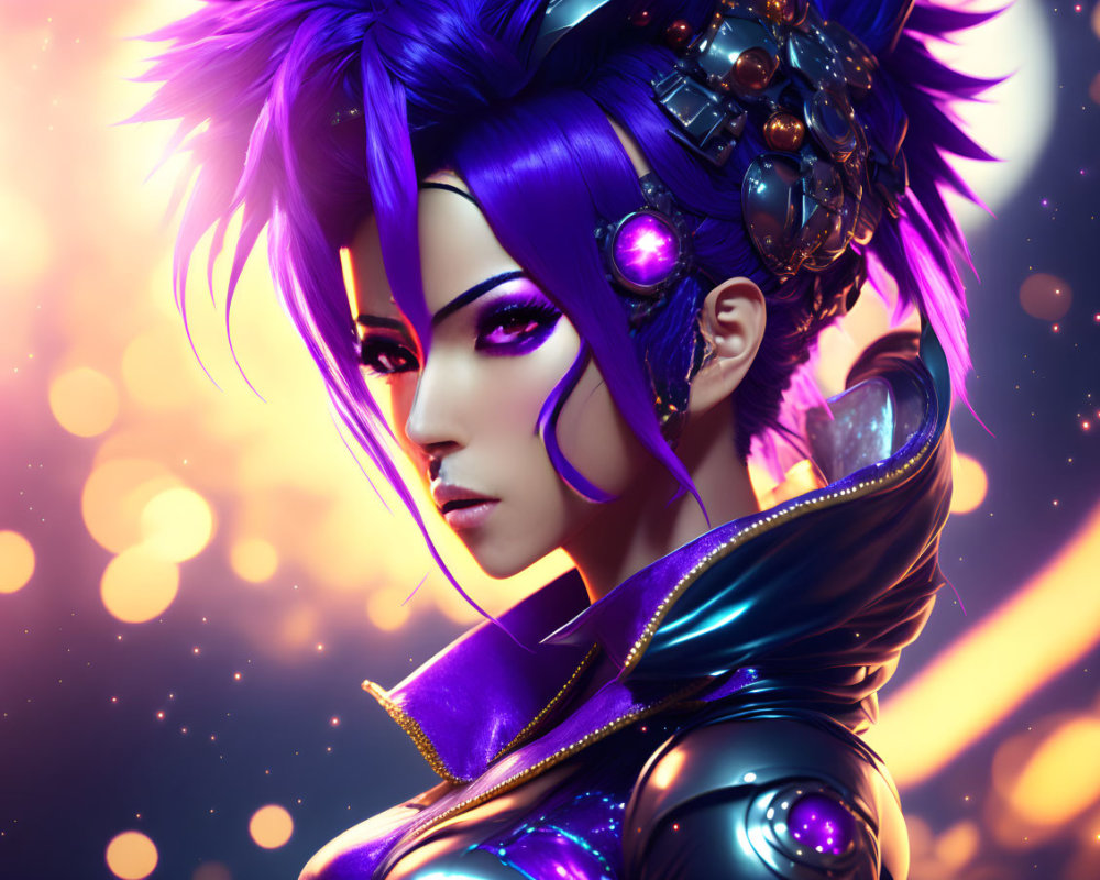 Colorful digital artwork of female character in purple hair and futuristic armor with glowing elements and dynamic background.